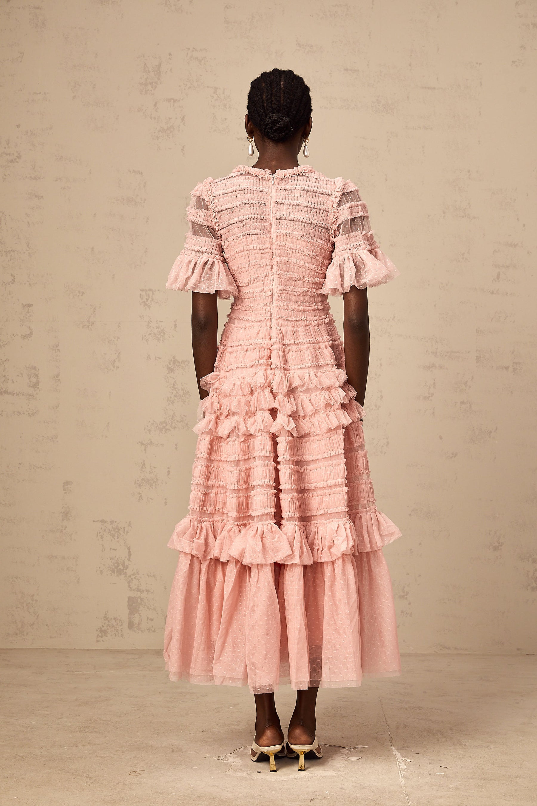 Aimée pink dot-detail ruffled tulle midi dress - S / Pink