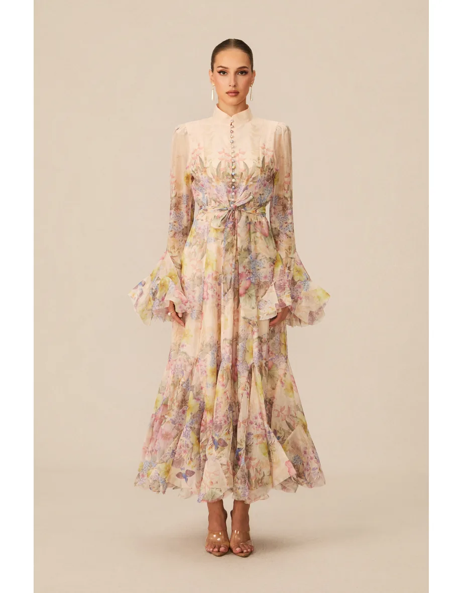 Alessia Floral Print Ruffle Cuff Maxi Dress