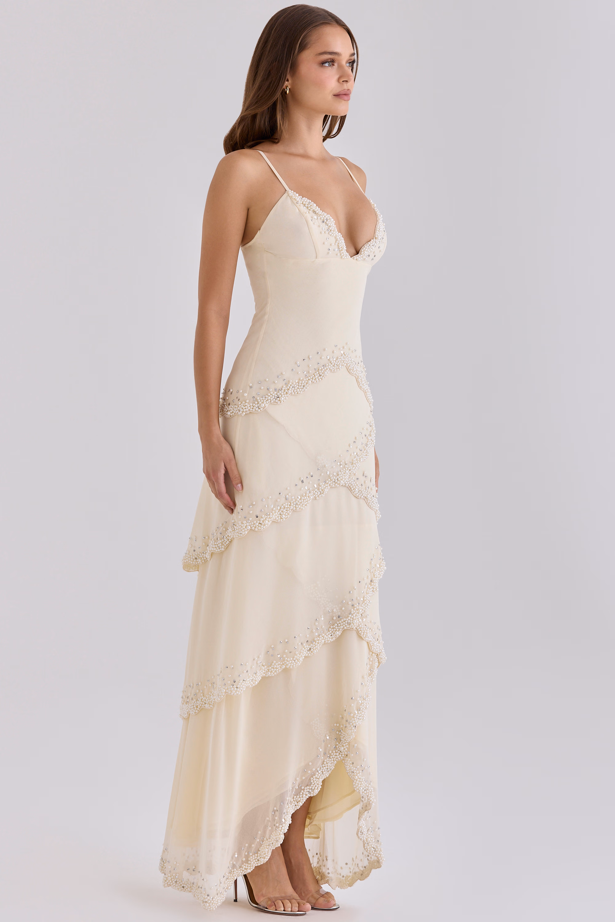 Sorelle Vanilla Georgette Hand Embellished Tiered Maxi Dress