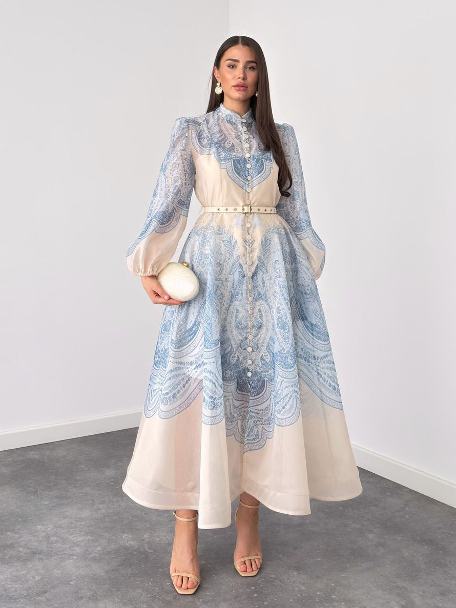 Exquisite Paisley Print Shirt A-Line Maxi Dress