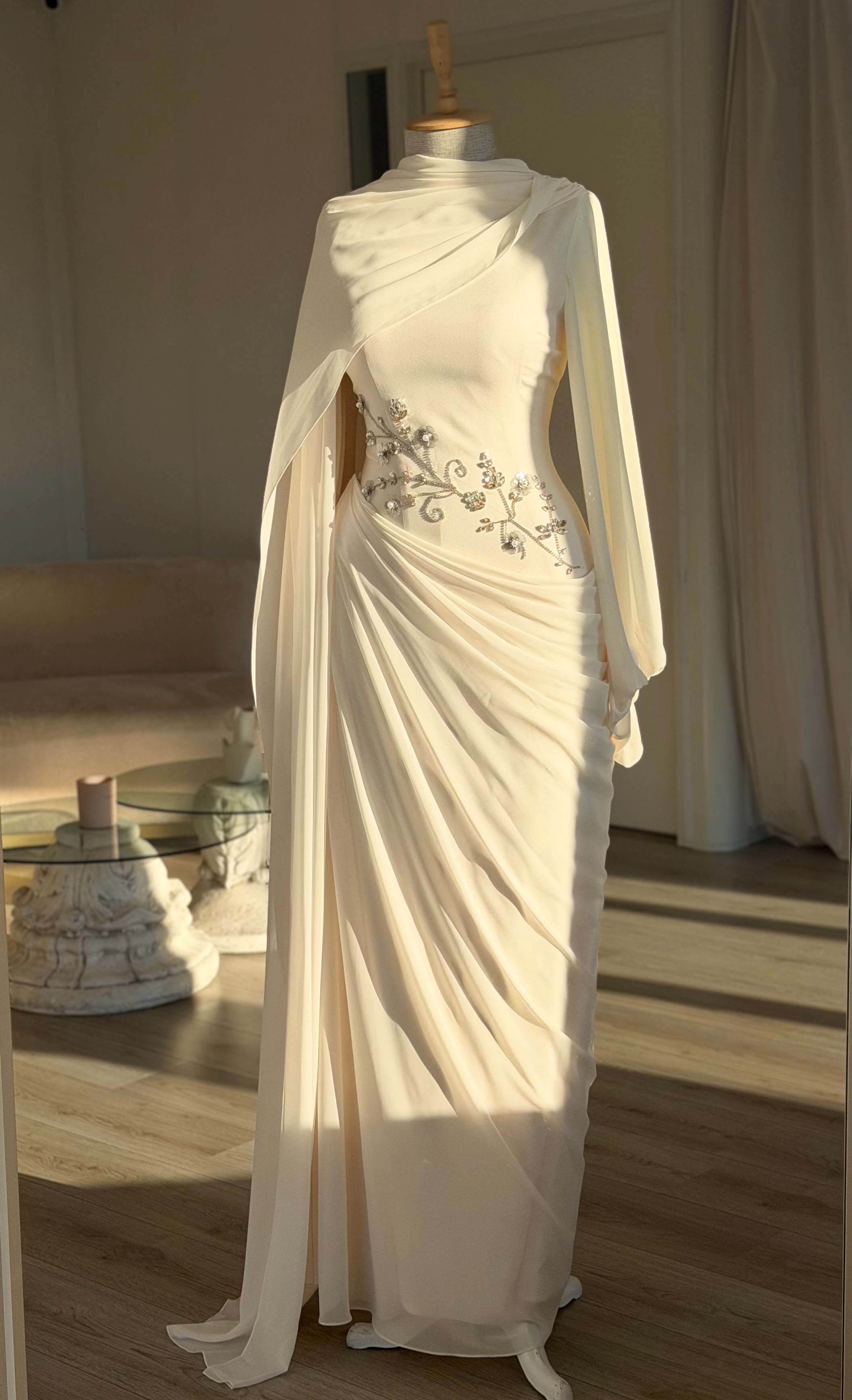 Ivory Floral Beaded Cape Sleeve Gown