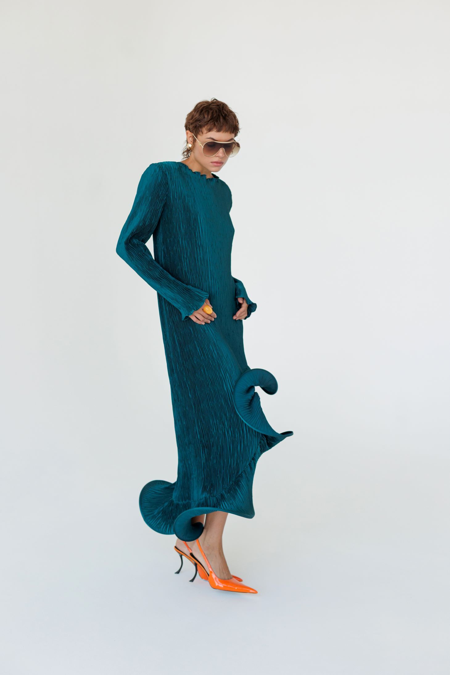 Flared Skirt with Ruffled Hem Long-sleeve Dress