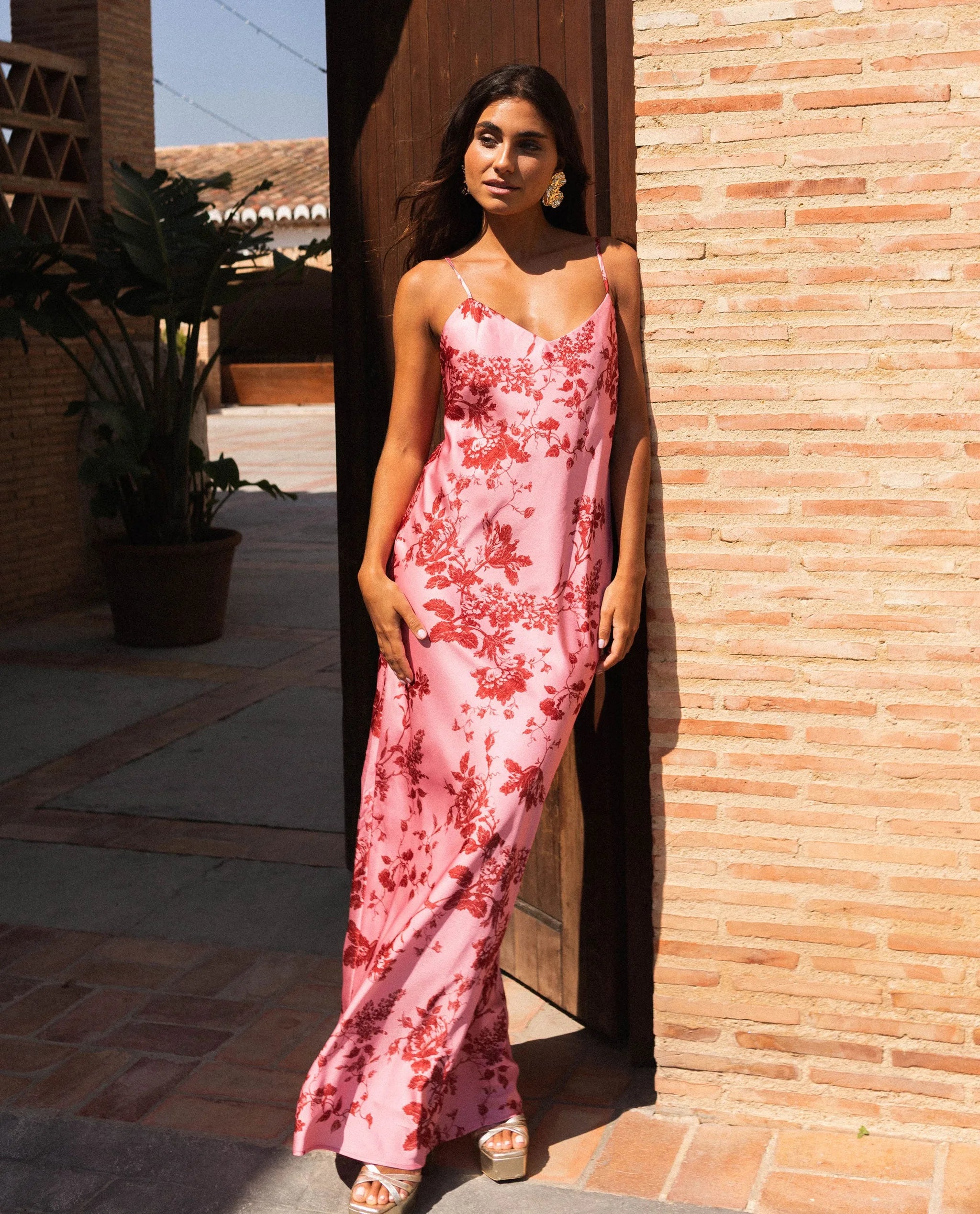 Spaghetti Strap Floral Satin Maxi Dress