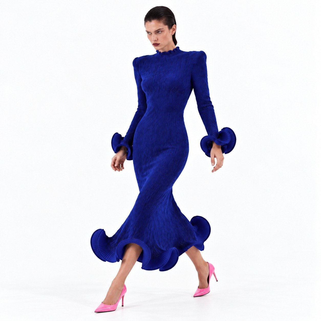 Flared Skirt with Ruffled Hem Long-sleeve Dress