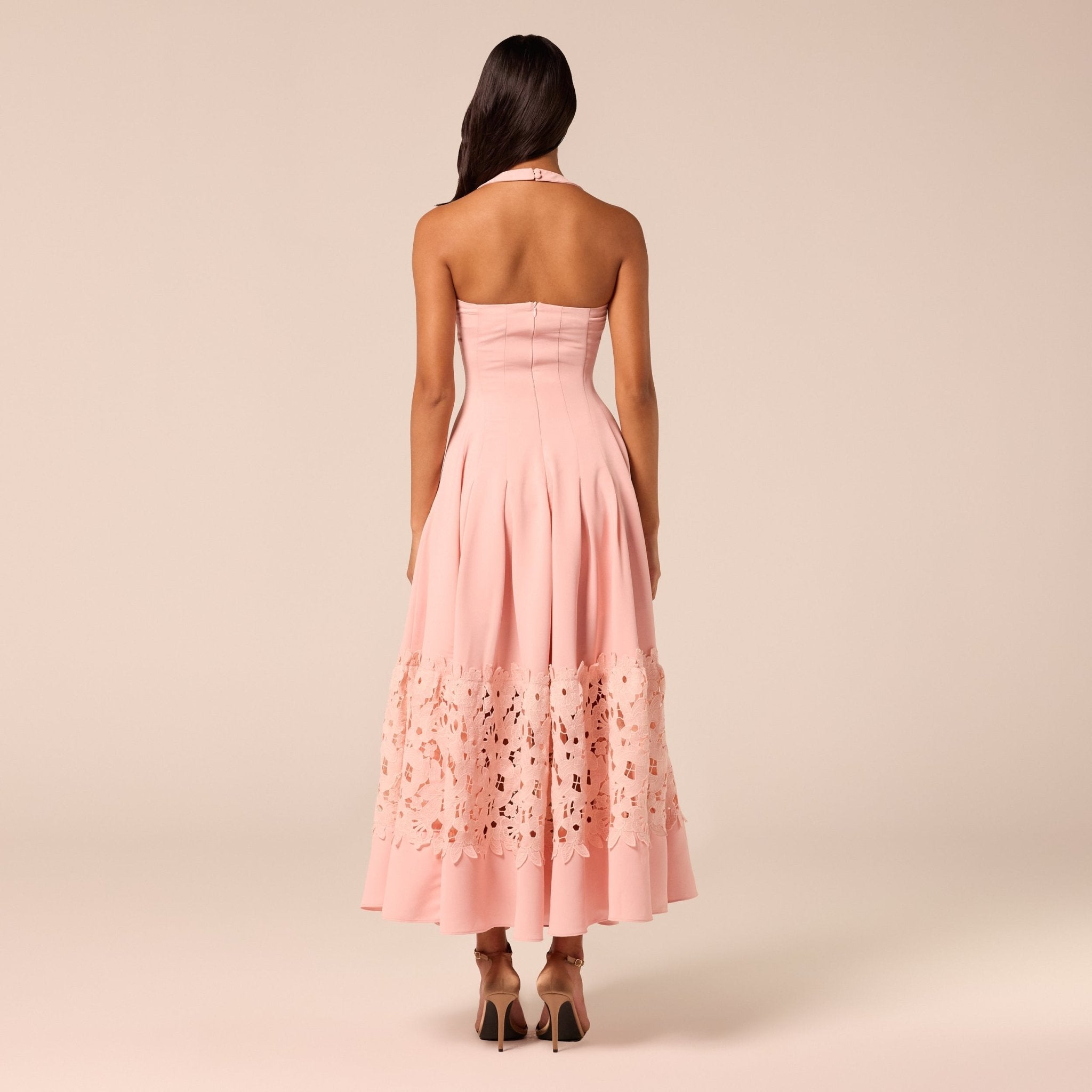 Pink Sleeveless Lace-Paneled Crepe Midi Dress
