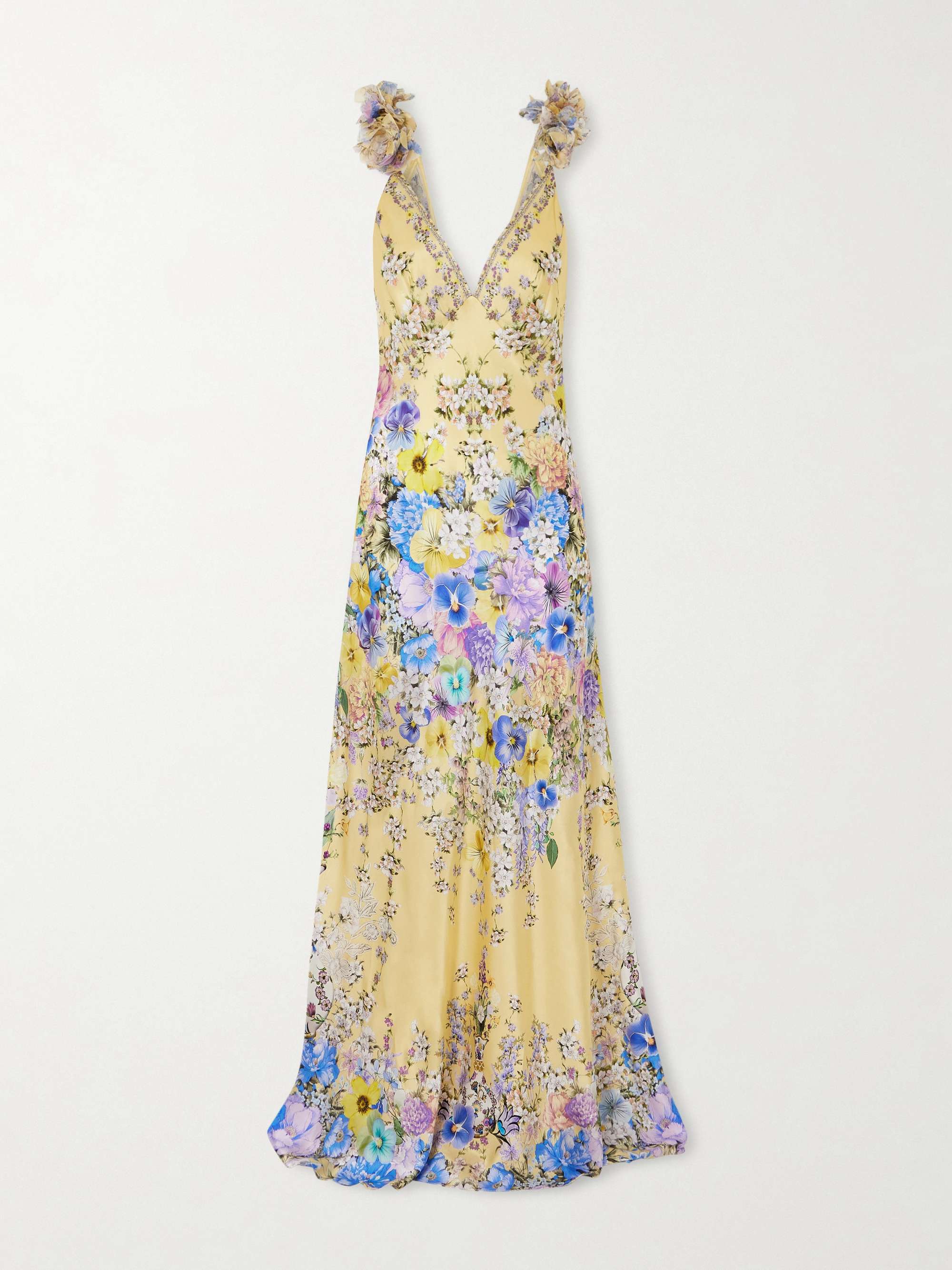 Embellished floral-print silk-satin maxi dress