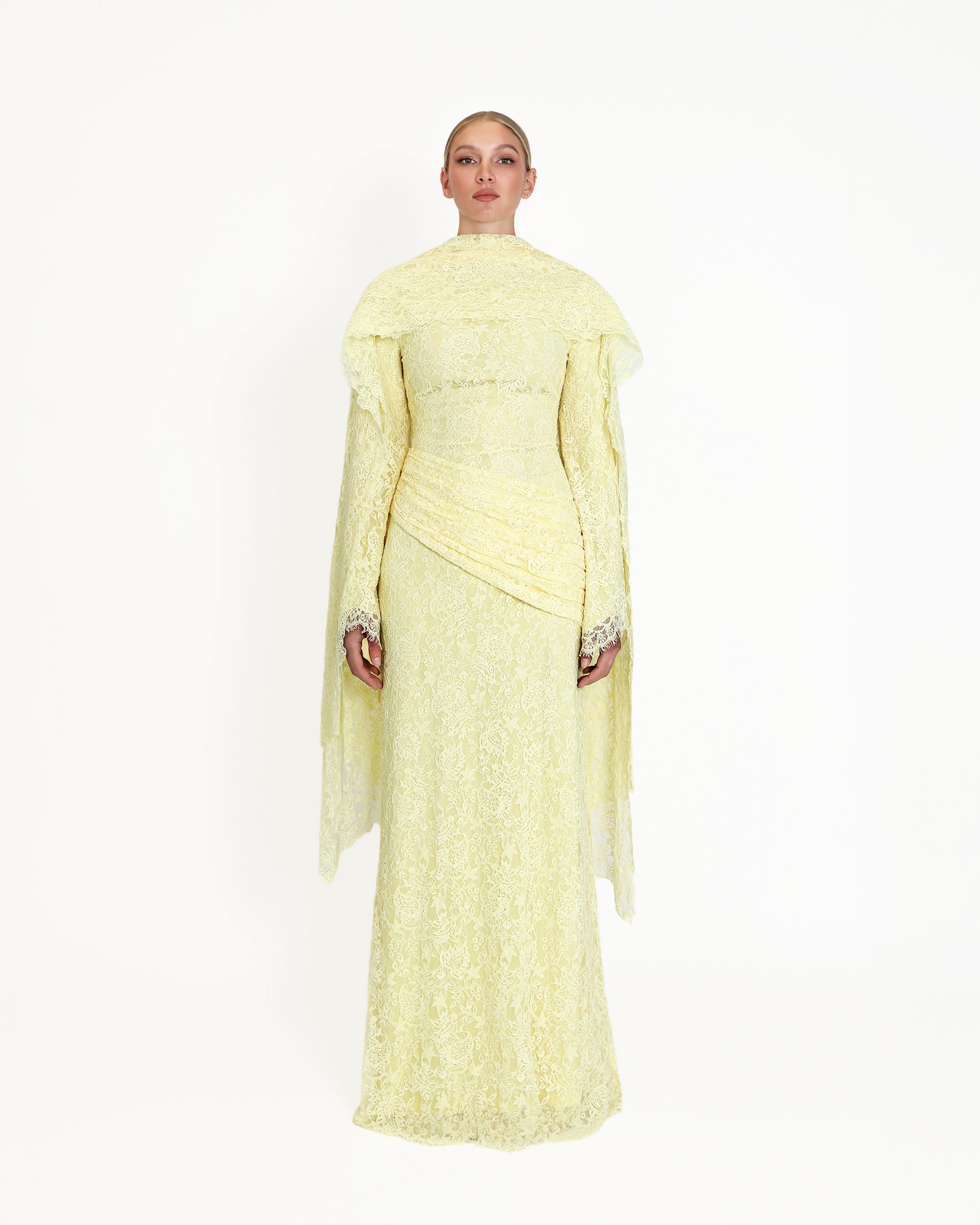 Pastel Yellow Lace Cape Maxi Gown