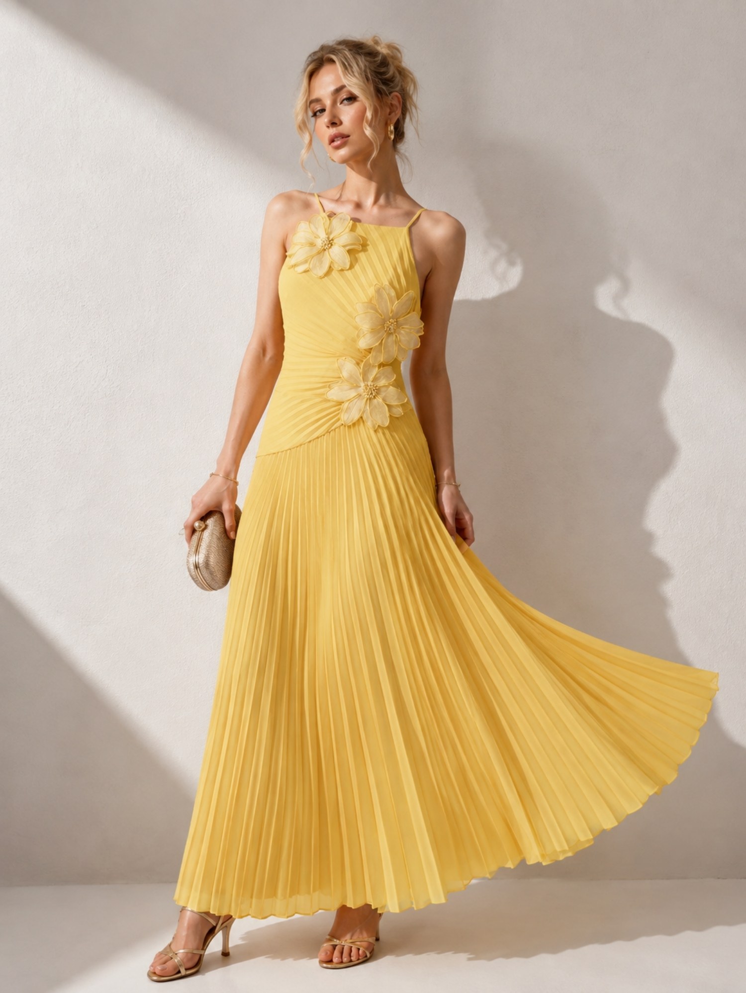 Butter Yellow Floral Pleated Midi Dress