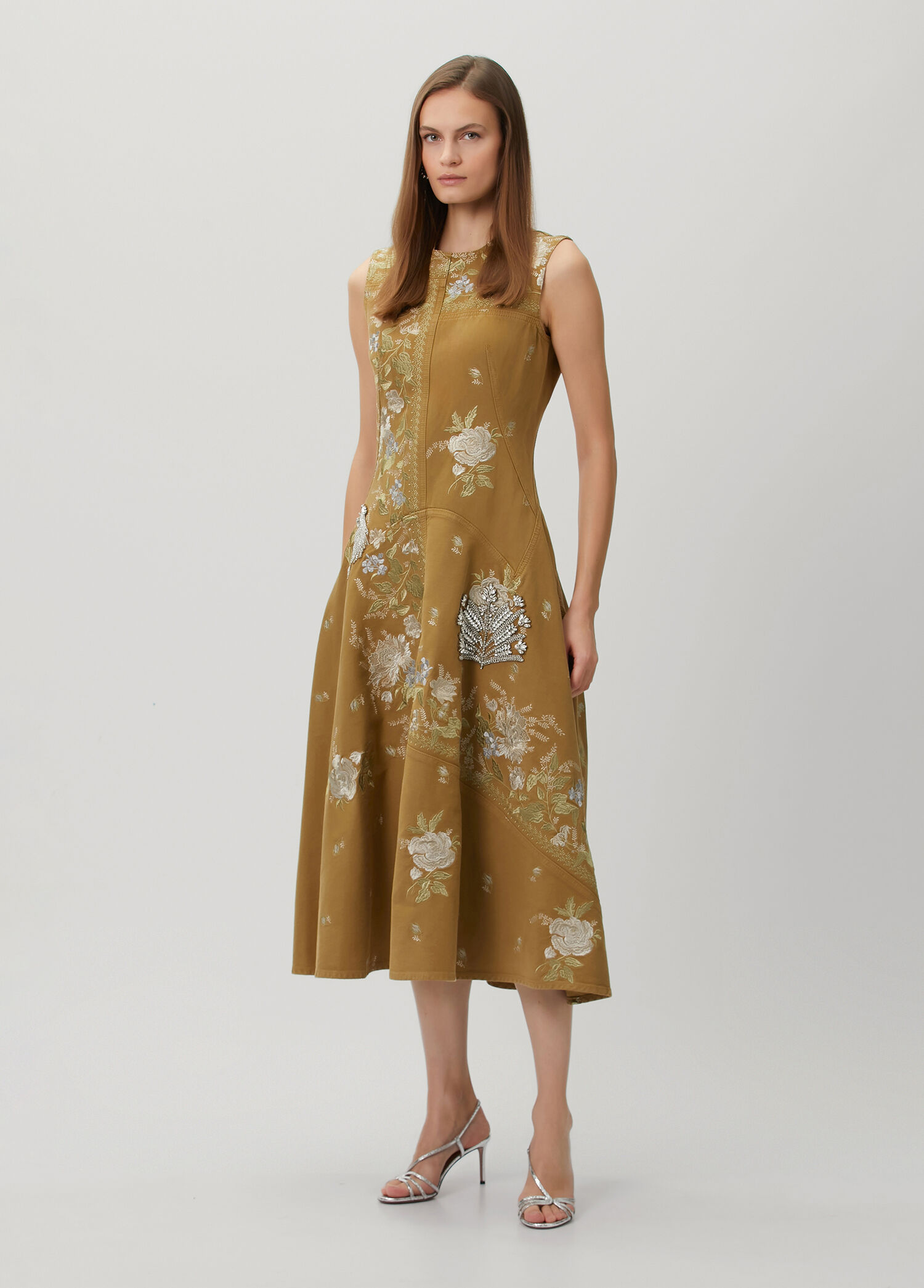 Khaki Floral Embroidered Midi Dress