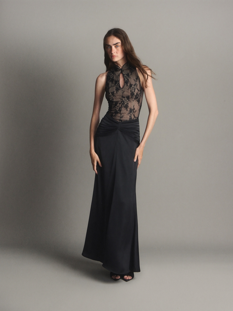 Maxi dress with a lace bodice and hip draping