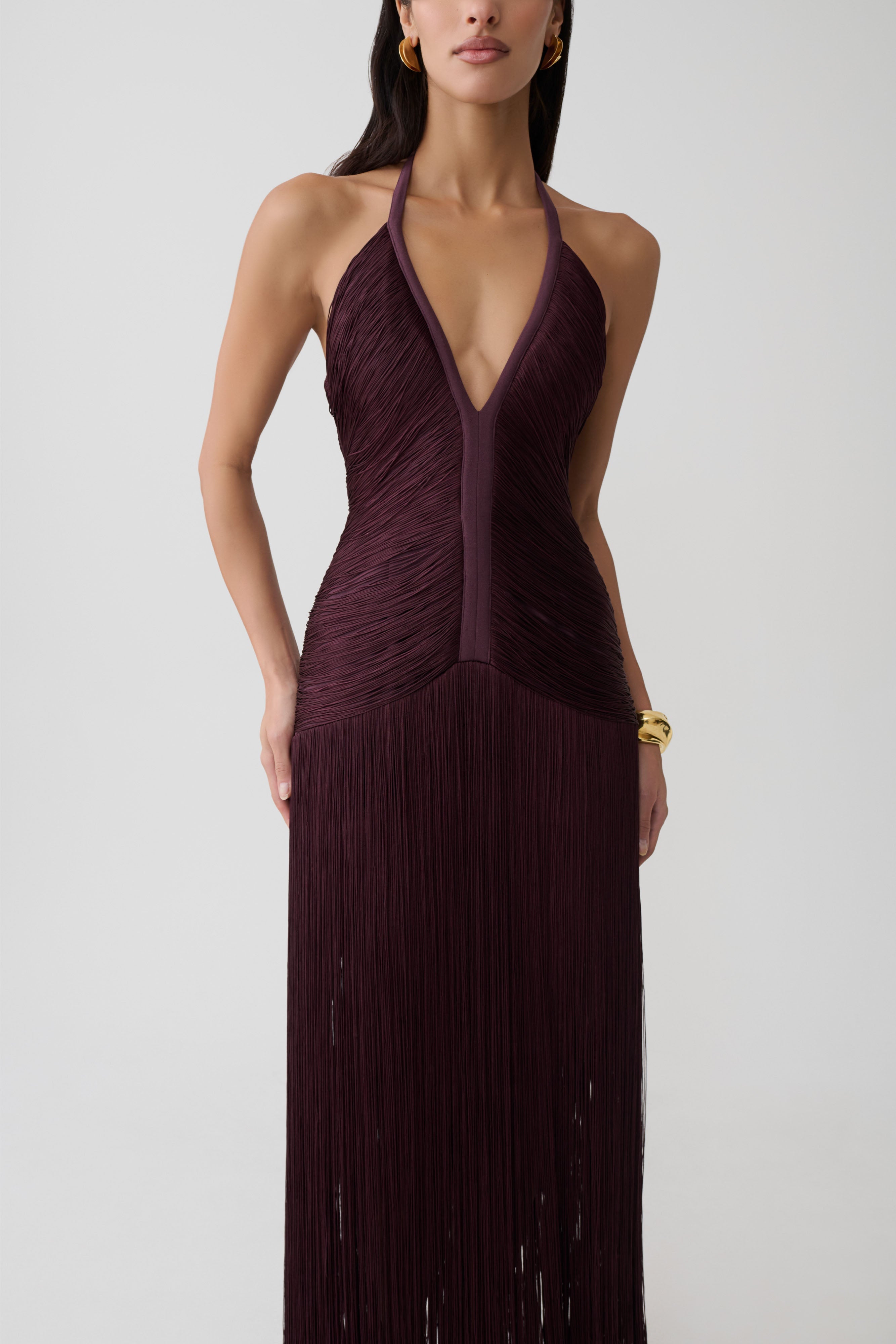 Plum Halter Fringe Maxi Dress