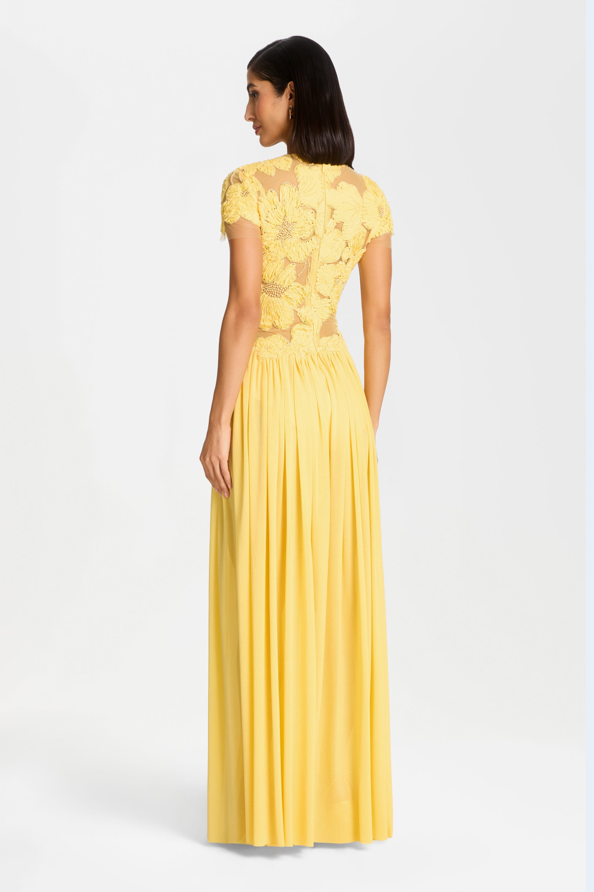 Sheer Neck Floral Applique High Slit Gown