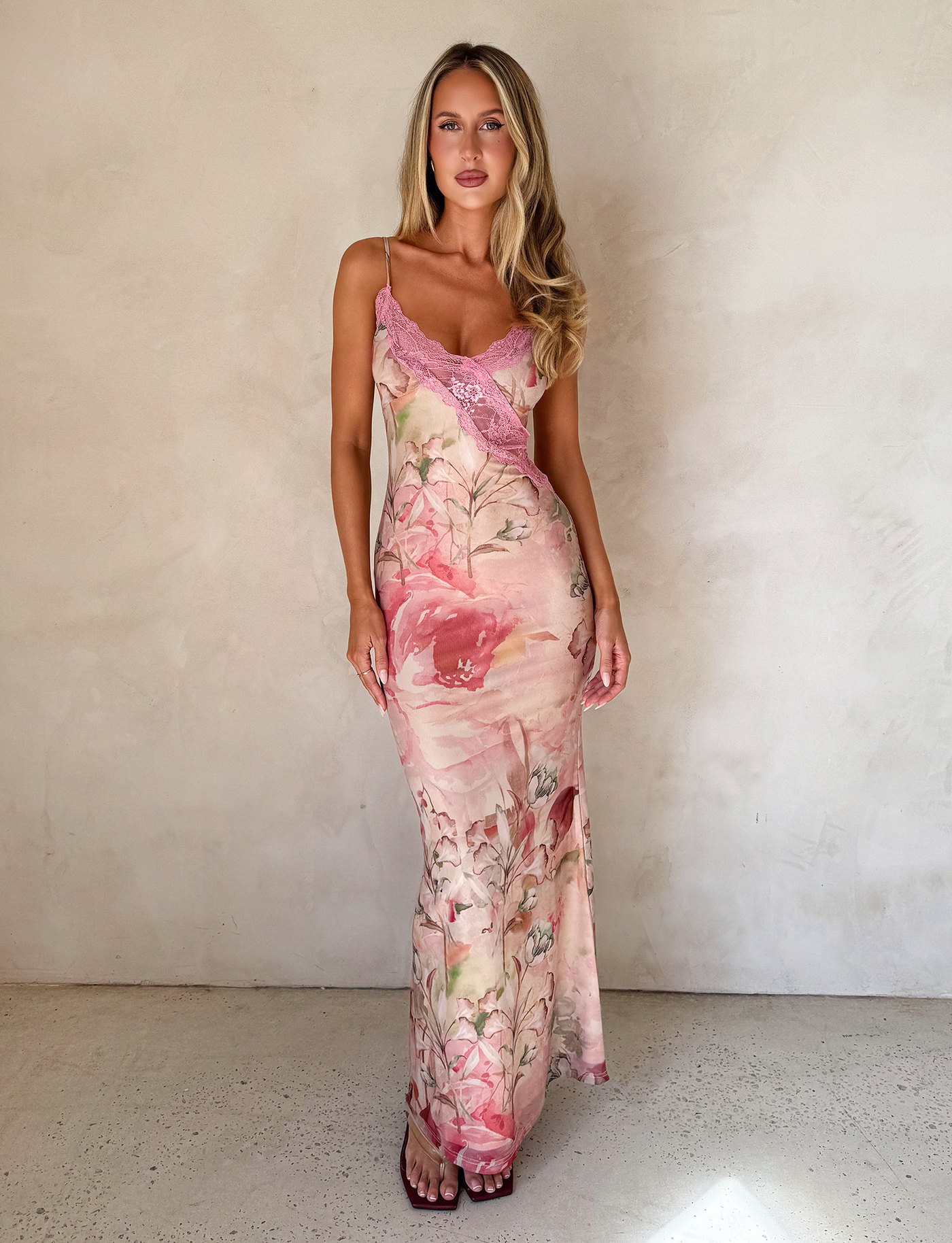 Watercolour Floral Lace Trim Slip Maxi Dress