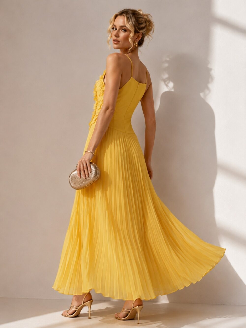 Butter Yellow Floral Pleated Midi Dress