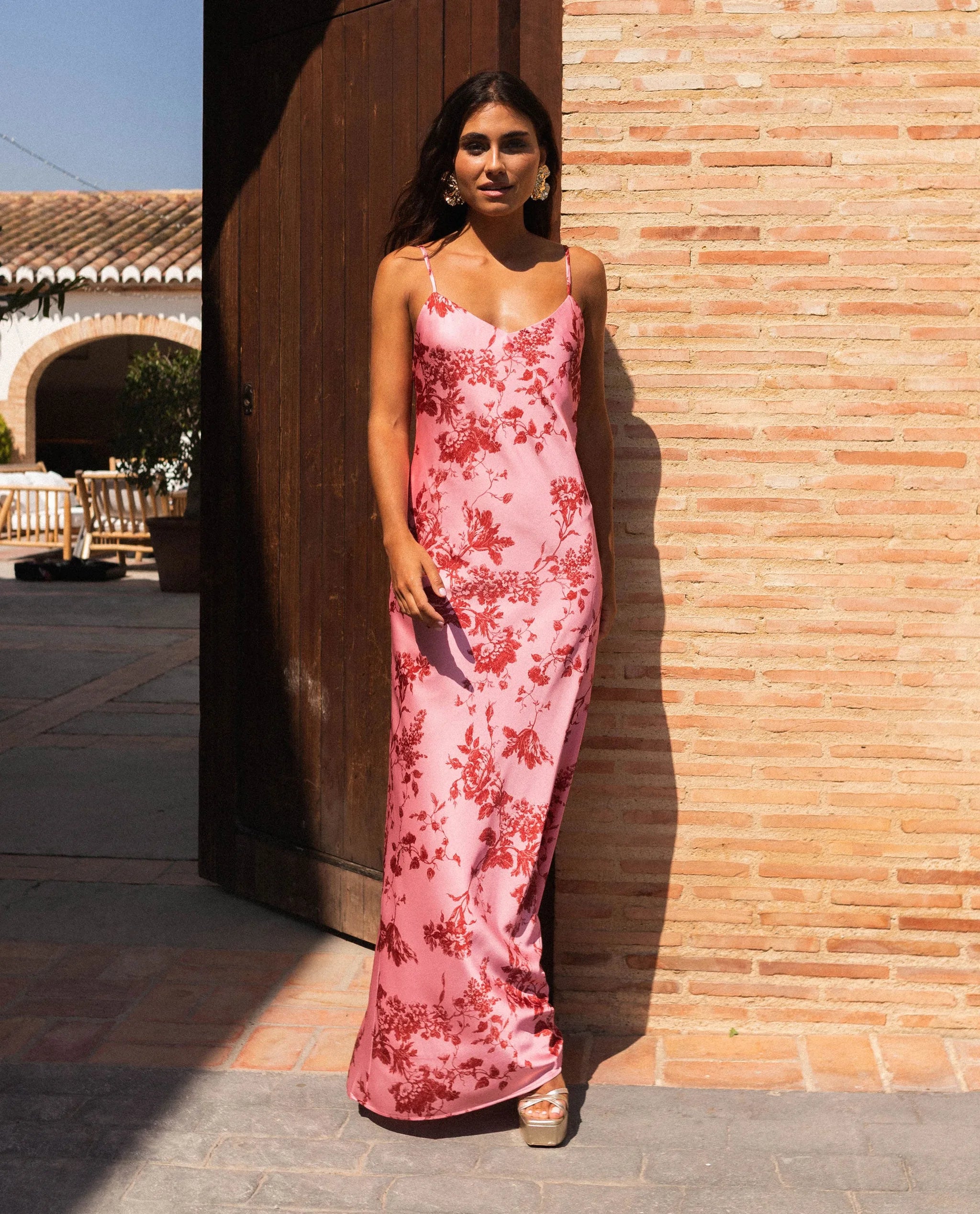 Spaghetti Strap Floral Satin Maxi Dress