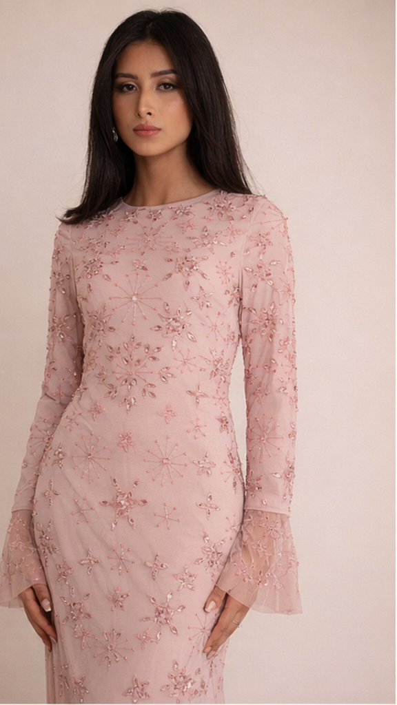 Pink Star Sequin Evening Dress With Flare Sleeves