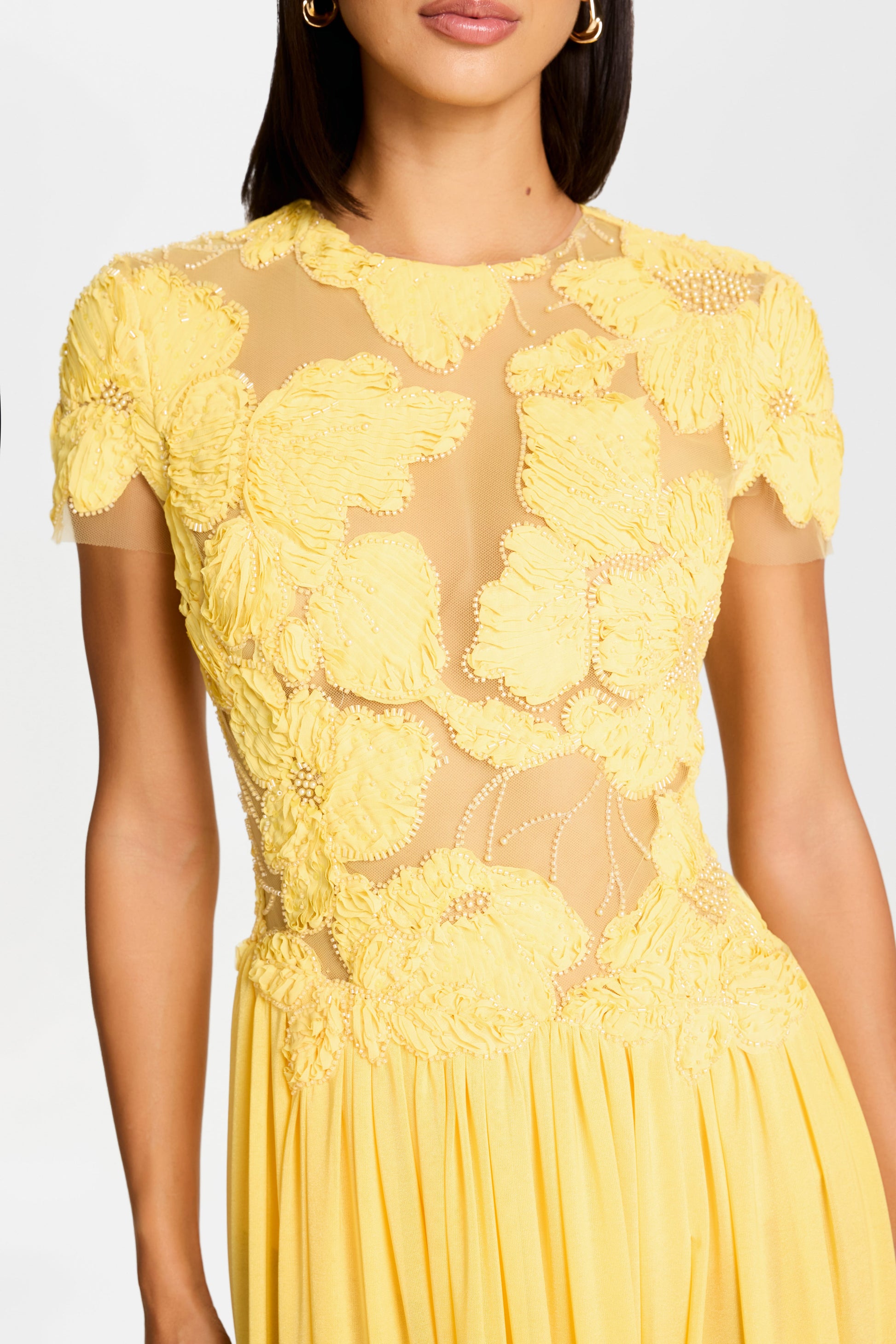 Sheer Neck Floral Applique High Slit Gown