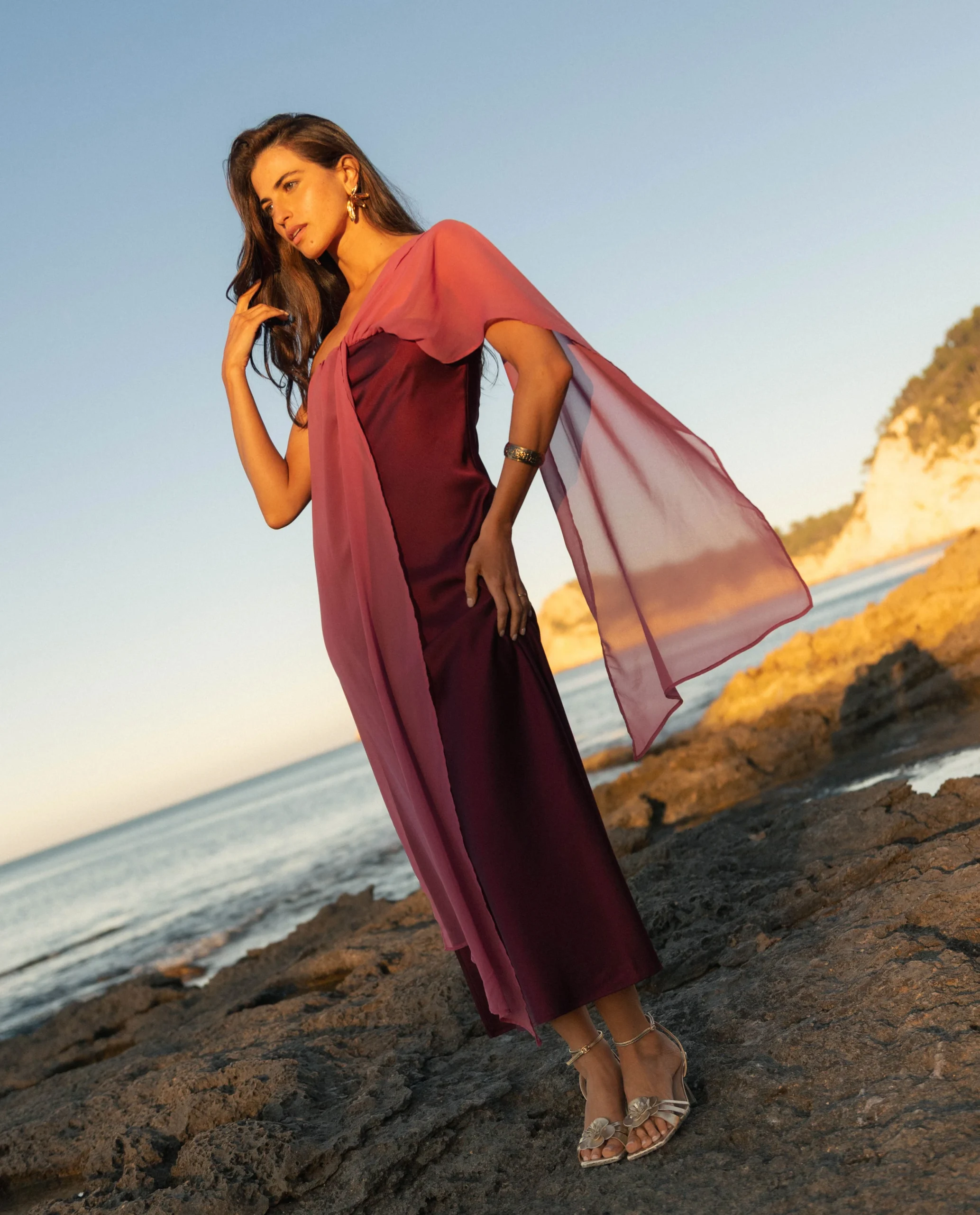 Flowy Chiffon Cape Overlay Gown