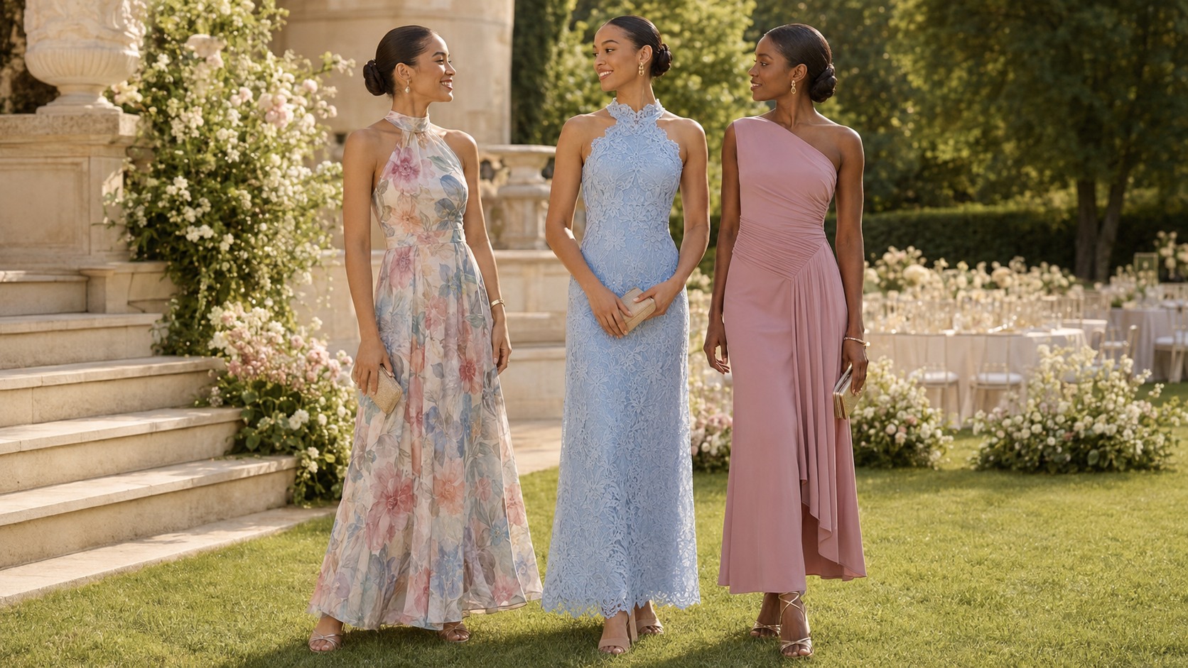 summer wedding guests in floral and pastel maxi dresses