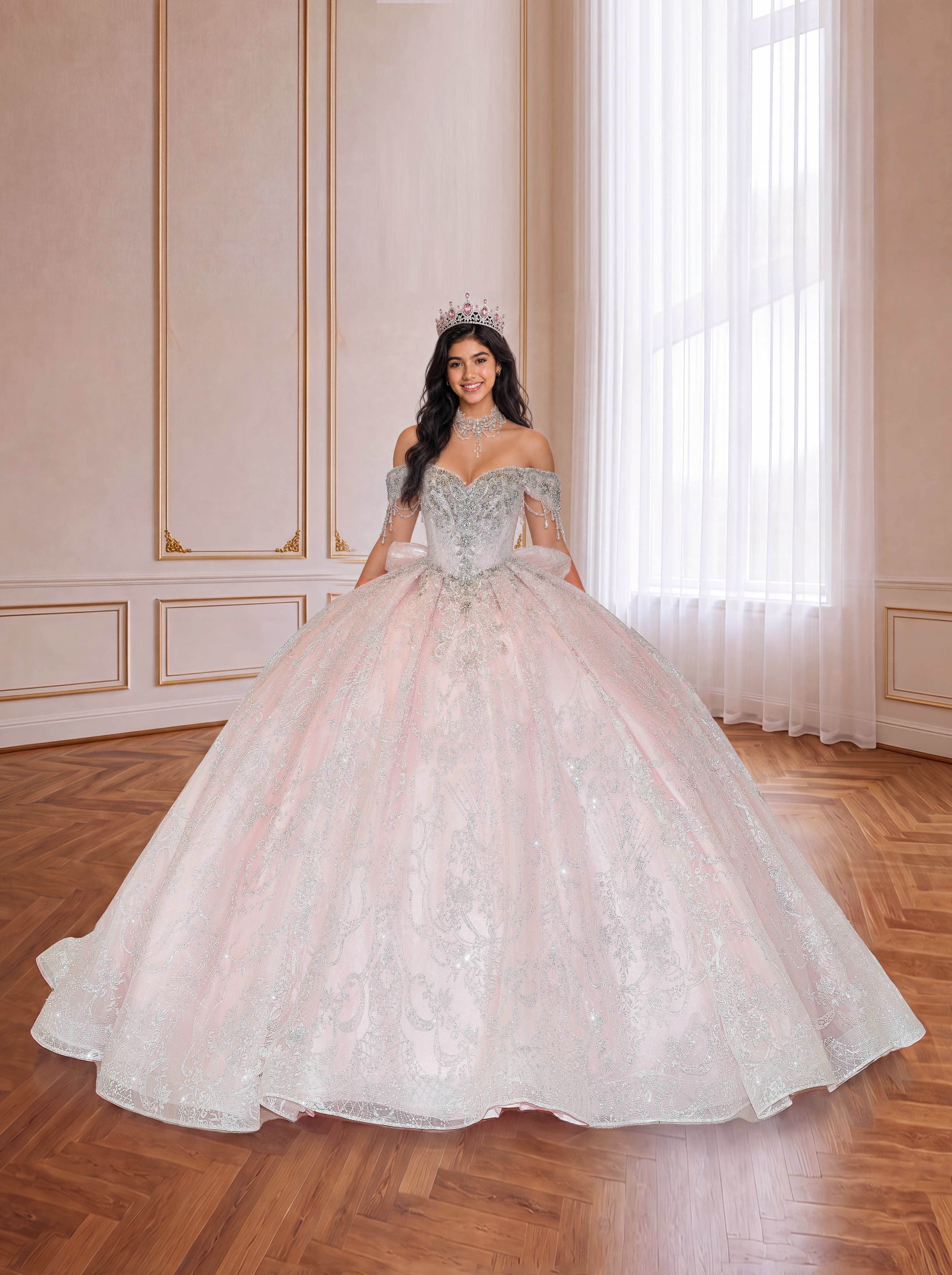 Blush Pink Off Shoulder Silver Lace Quinceanera Dress Beaded Tassel Sleeves Big Bow Long Train Ball Gown