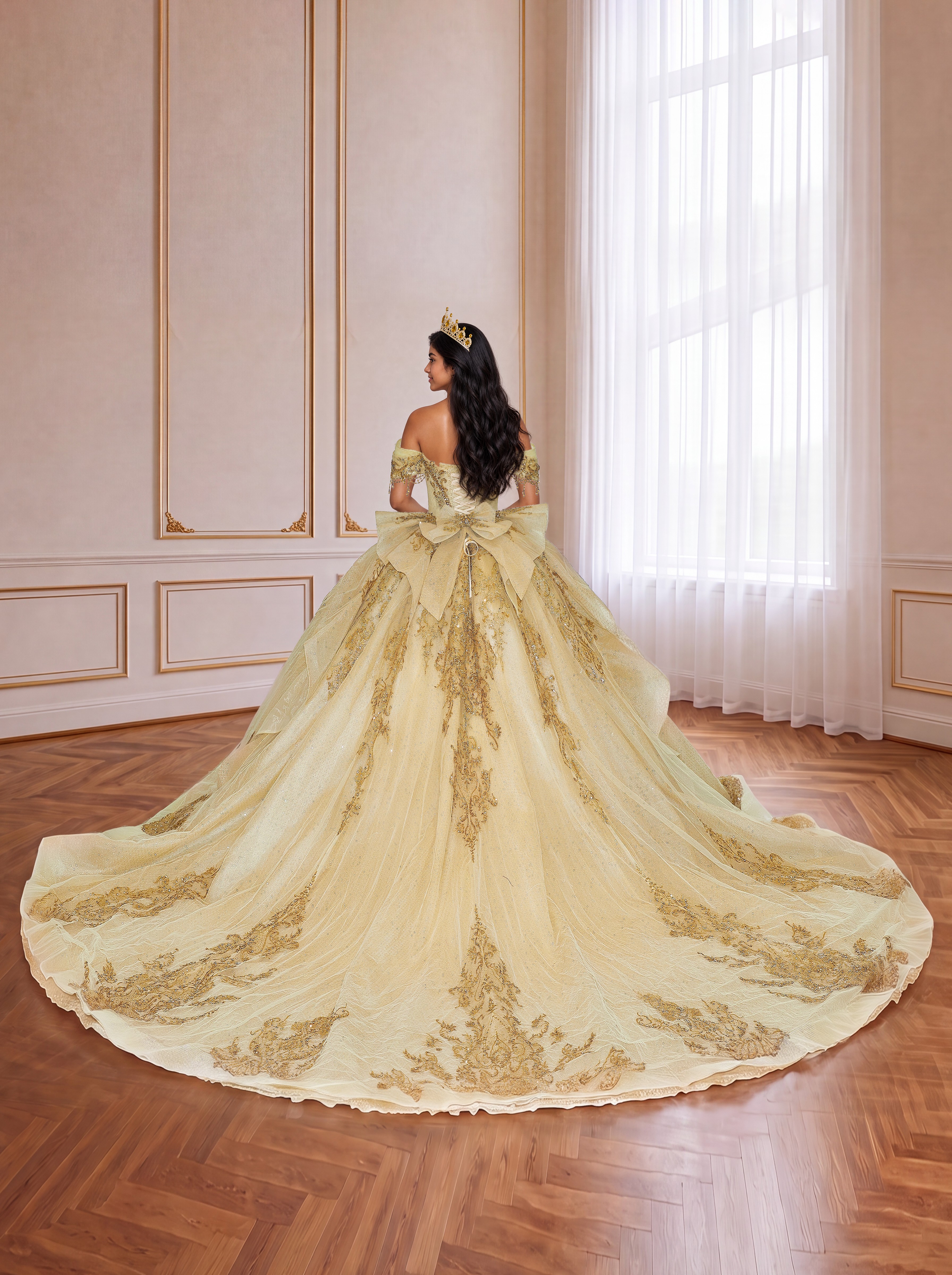 Champagne Gold Off Shoulder Glitter Tulle Quinceanera Dress Gold Lace Corset Ball Gown With Back Bow & Royal Train