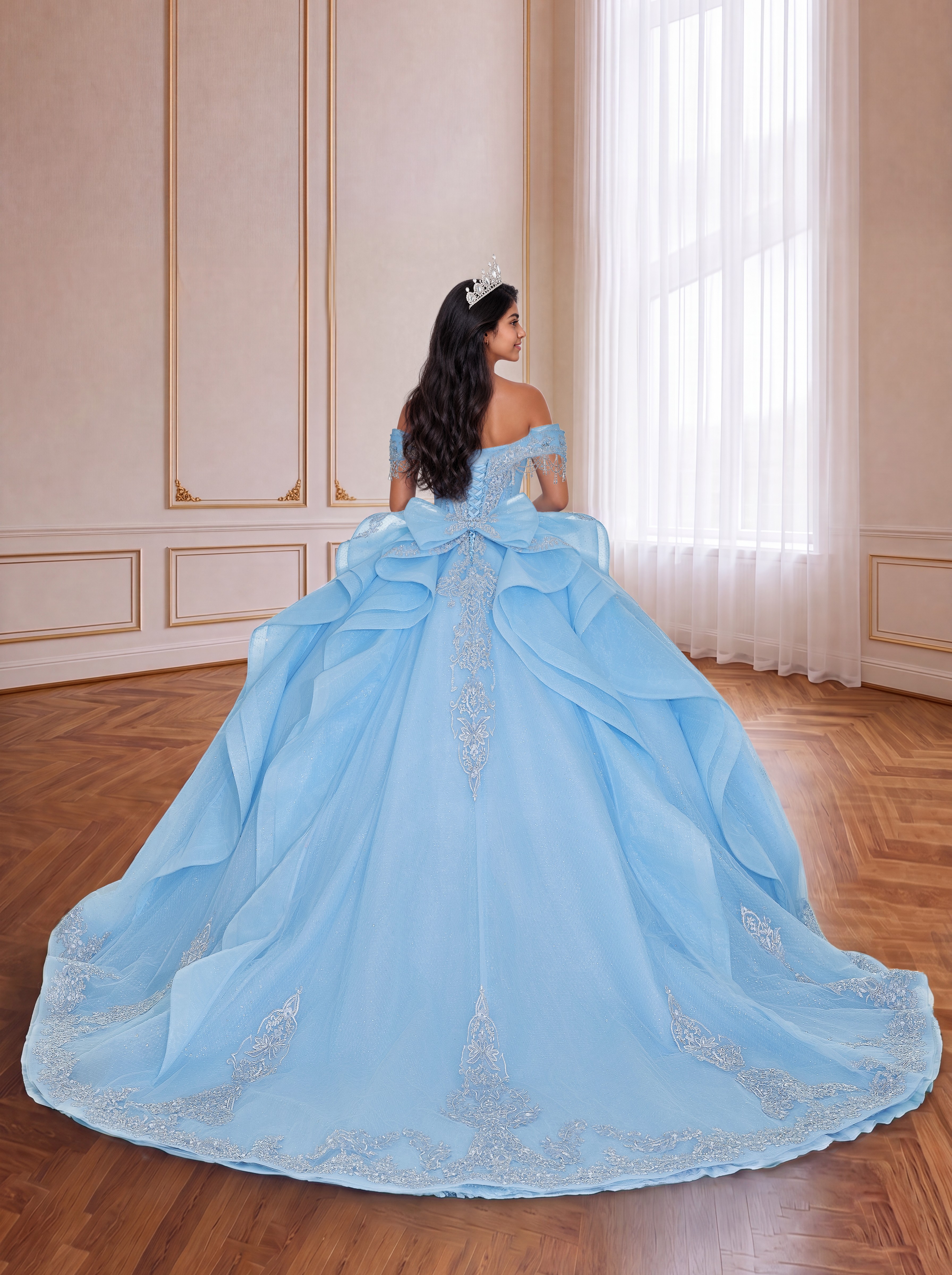 Sky Blue Fairytale Off Shoulder Quinceanera Gown With Silver Lace Appliqués
