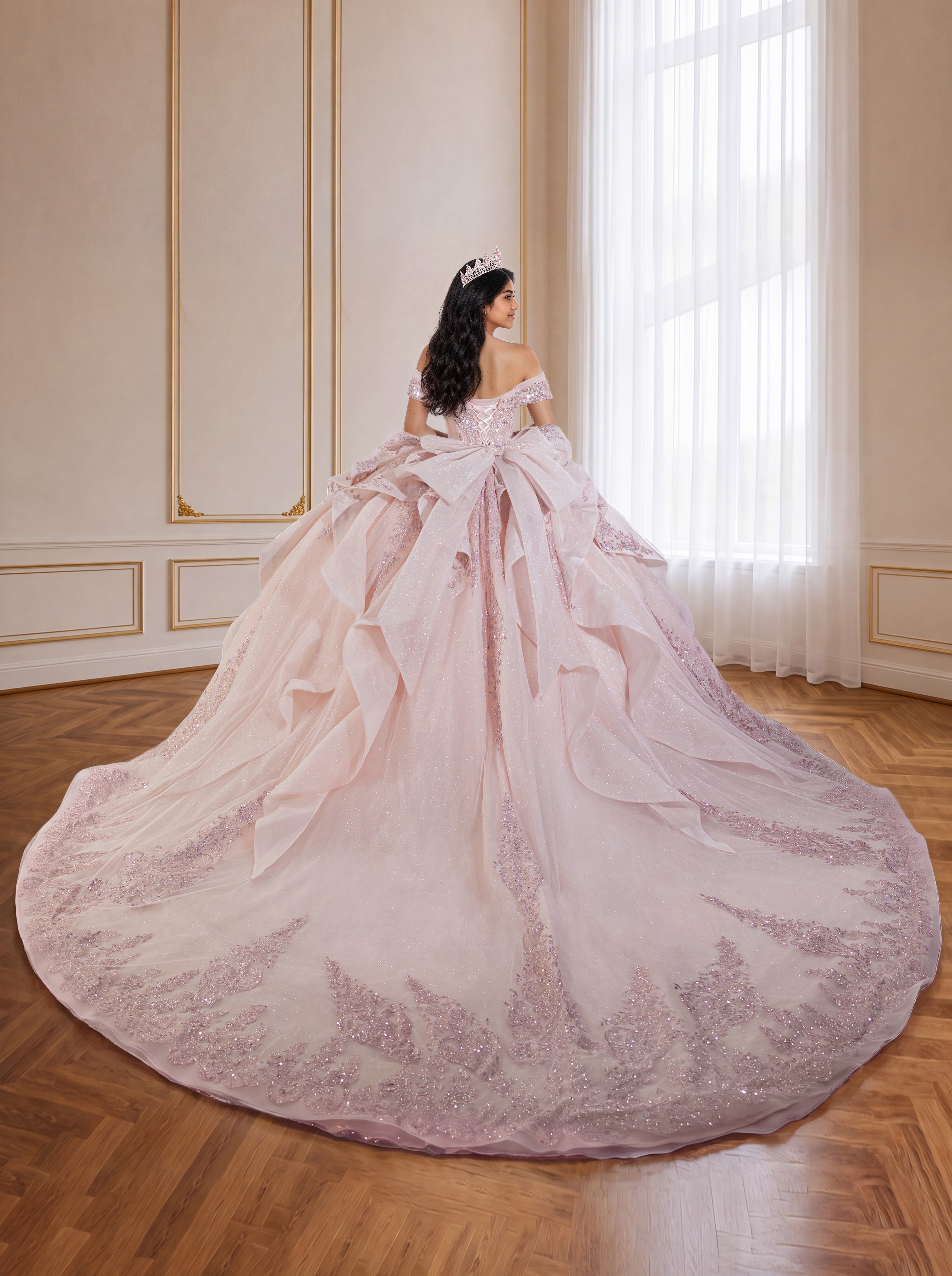 Blush Pink Glitter Quinceanera Dress Off Shoulder Ruffled Bow Long Train Gown