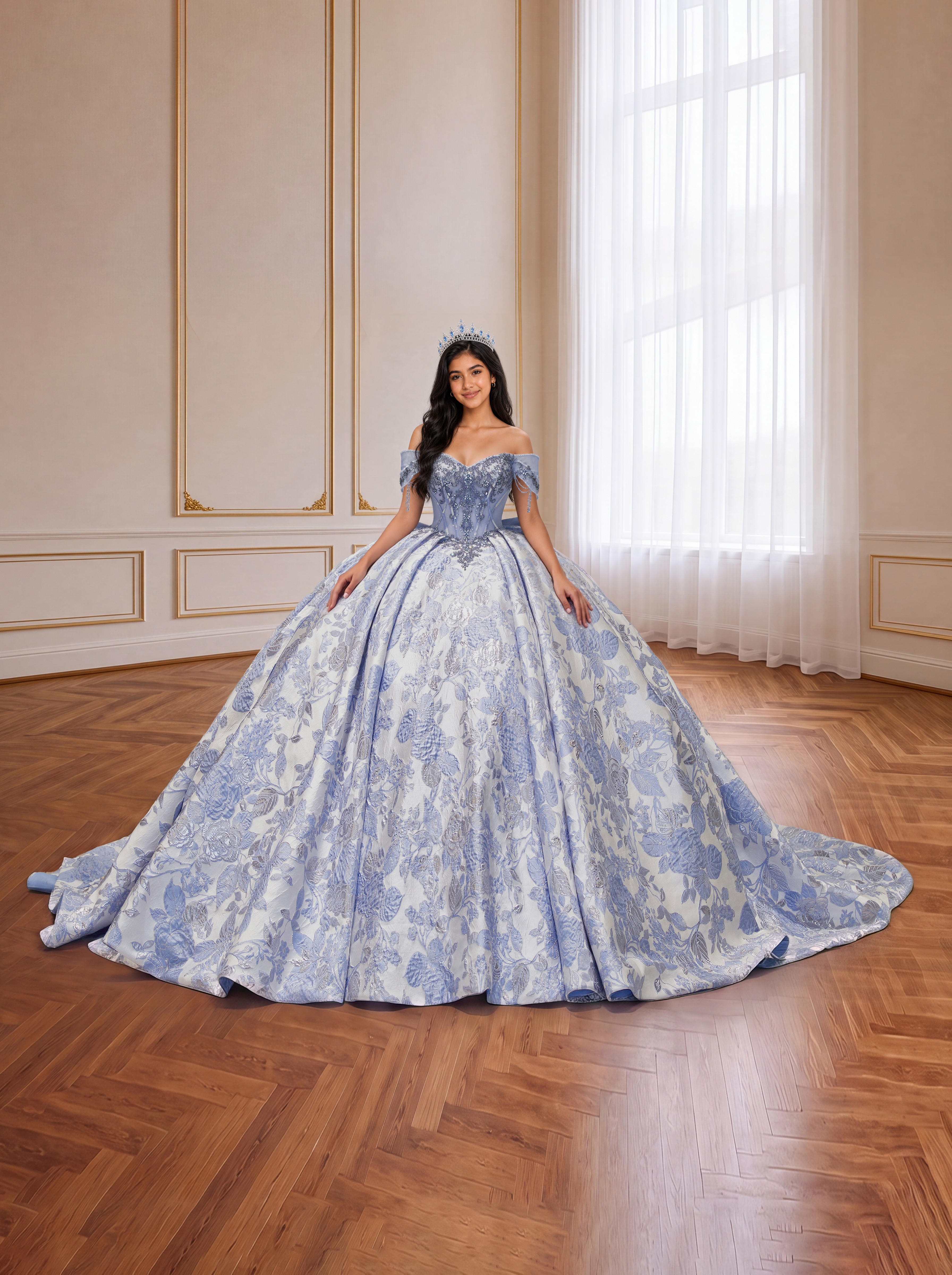 Light Blue Jacquard Off Shoulder Quinceanera Dress Beaded Corset Ball Gown With Large Back Bow & Long Train