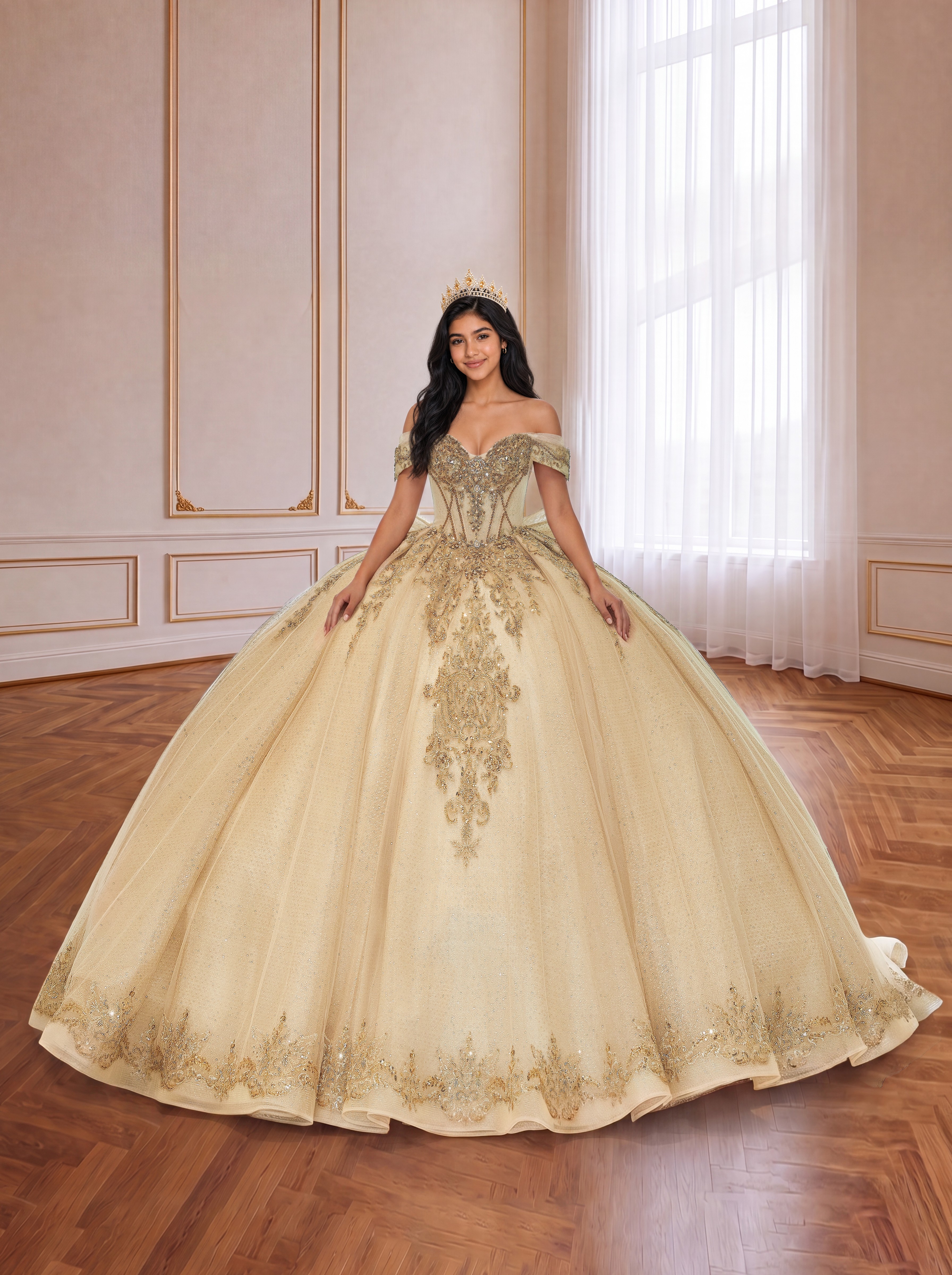 Champagne Off Shoulder Gold Lace Beaded Quinceanera Dress Oversized Back Bow Long Train Princess Ball Gown