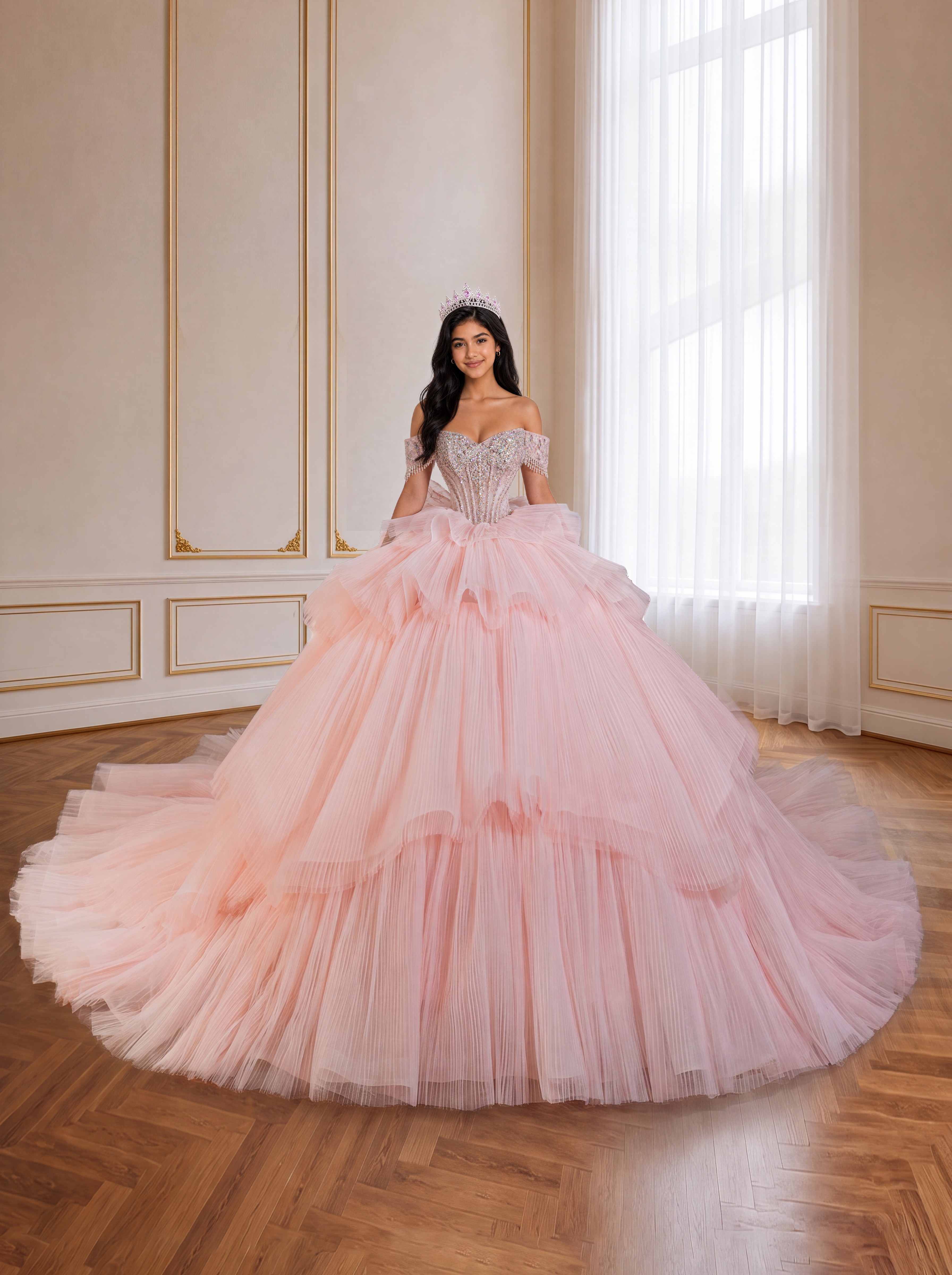 Blush Pink Off Shoulder Ruffled Tulle Ball Gown Sparkly Rhinestone Corset Long Train Quinceanera Dress Sweet 15 16 Princess Formal Prom Dress