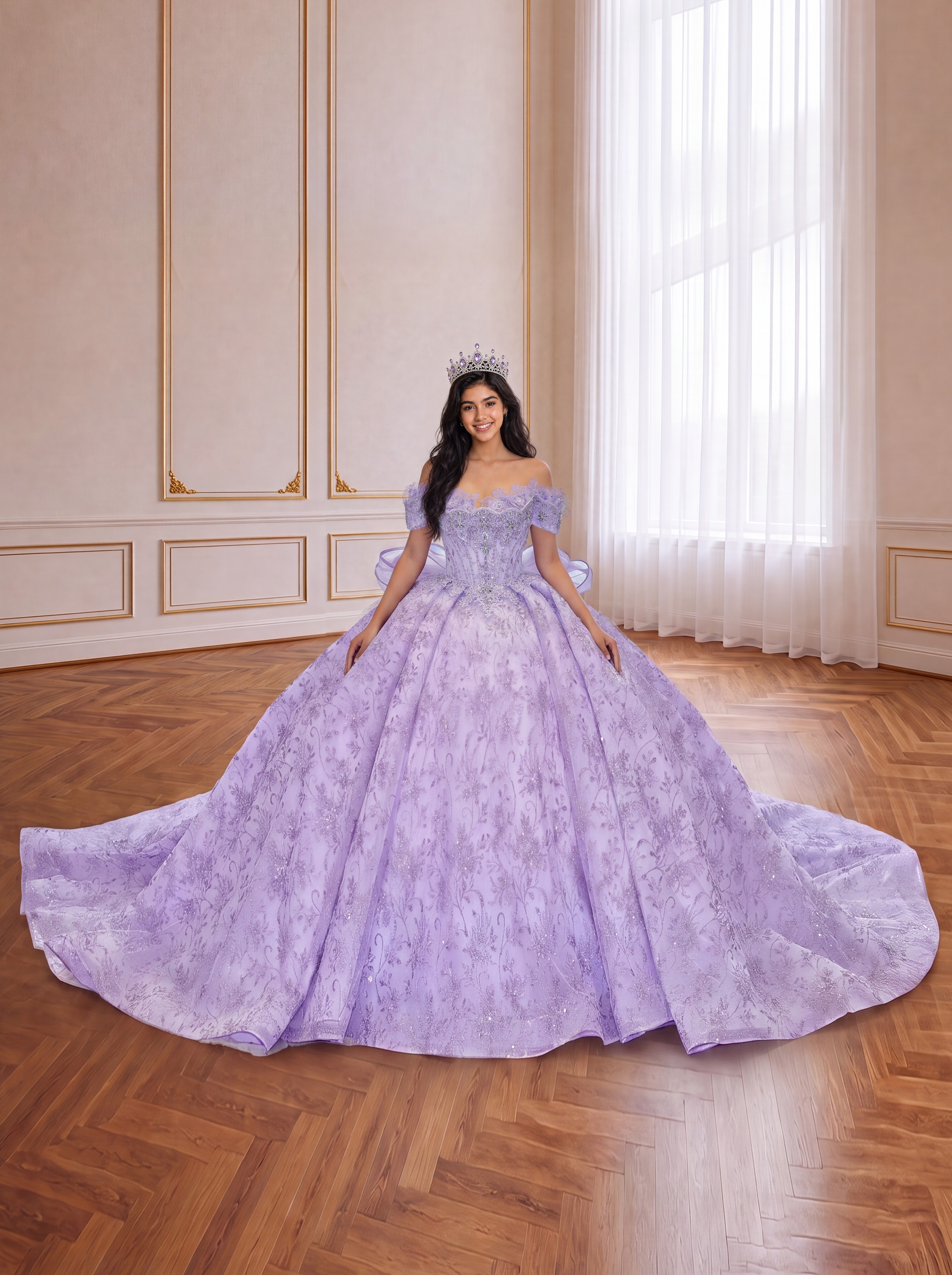 Lavender Off Shoulder Floral Lace Quinceanera Dress Large Organza Back Bow Sparkly Long Train Princess Ball Gown
