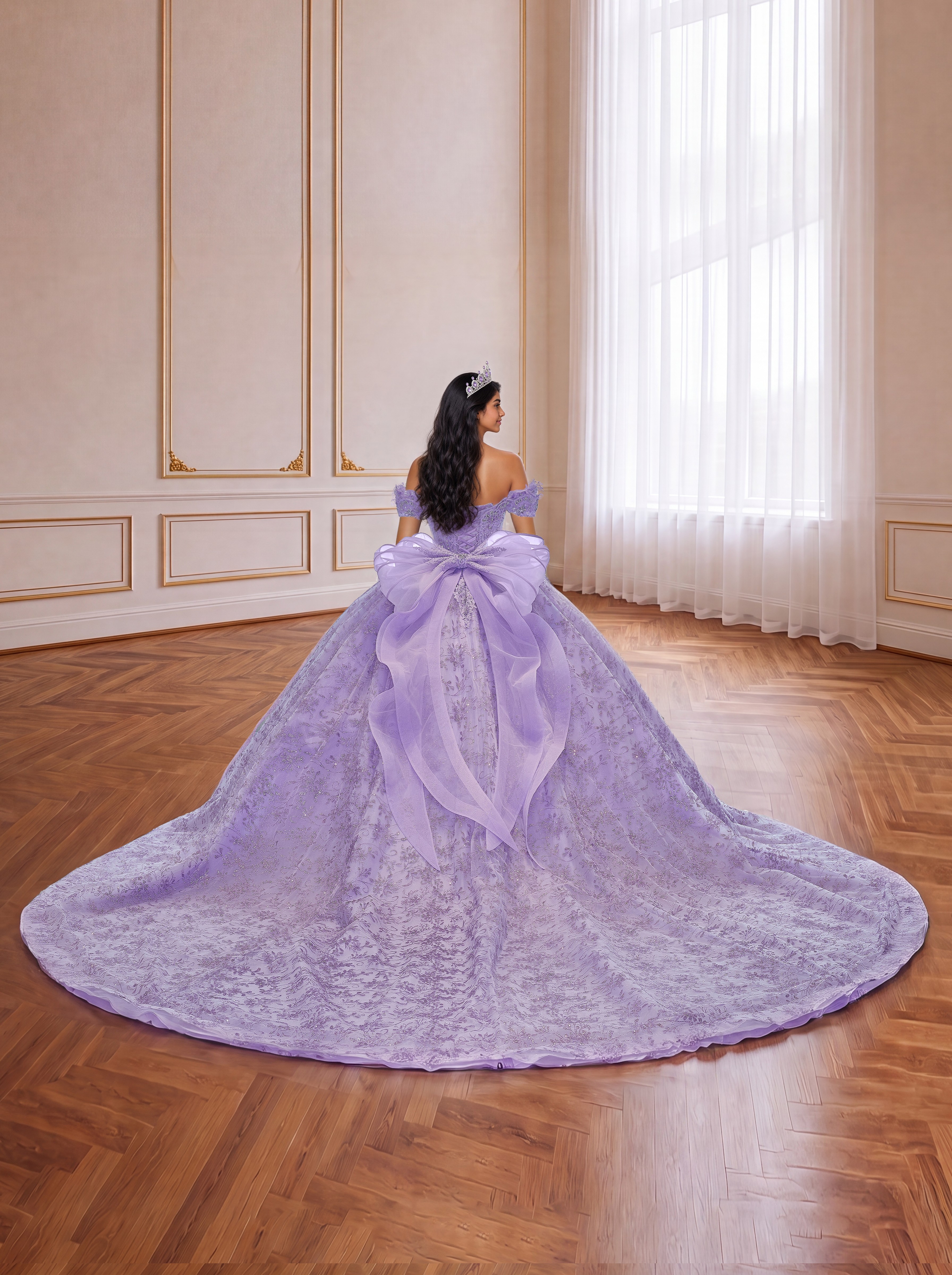 Lavender Off Shoulder Floral Lace Quinceanera Dress Large Organza Back Bow Sparkly Long Train Princess Ball Gown