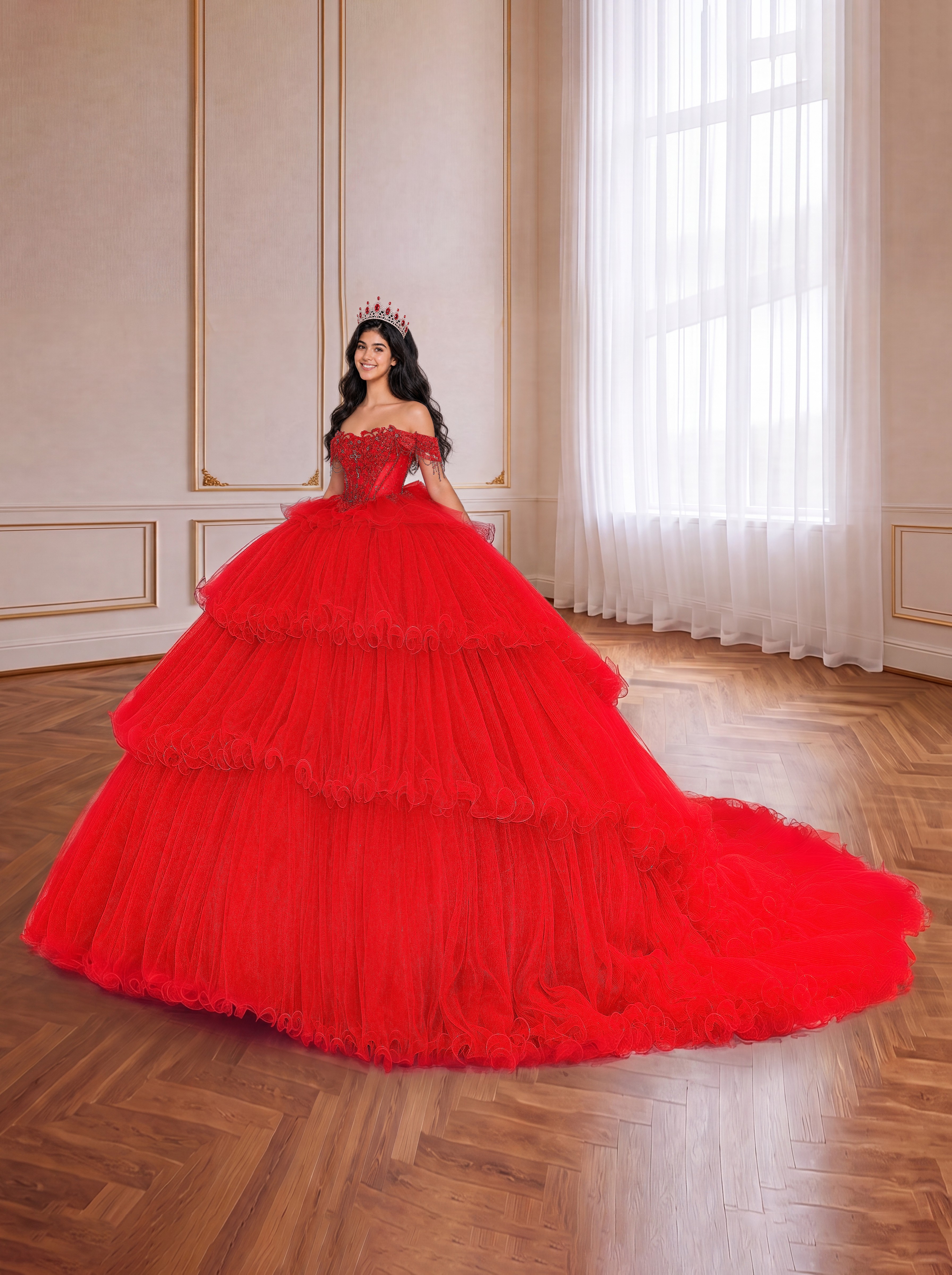 Red Tiered Ruffle Off Shoulder Quinceanera Gown With Long Train