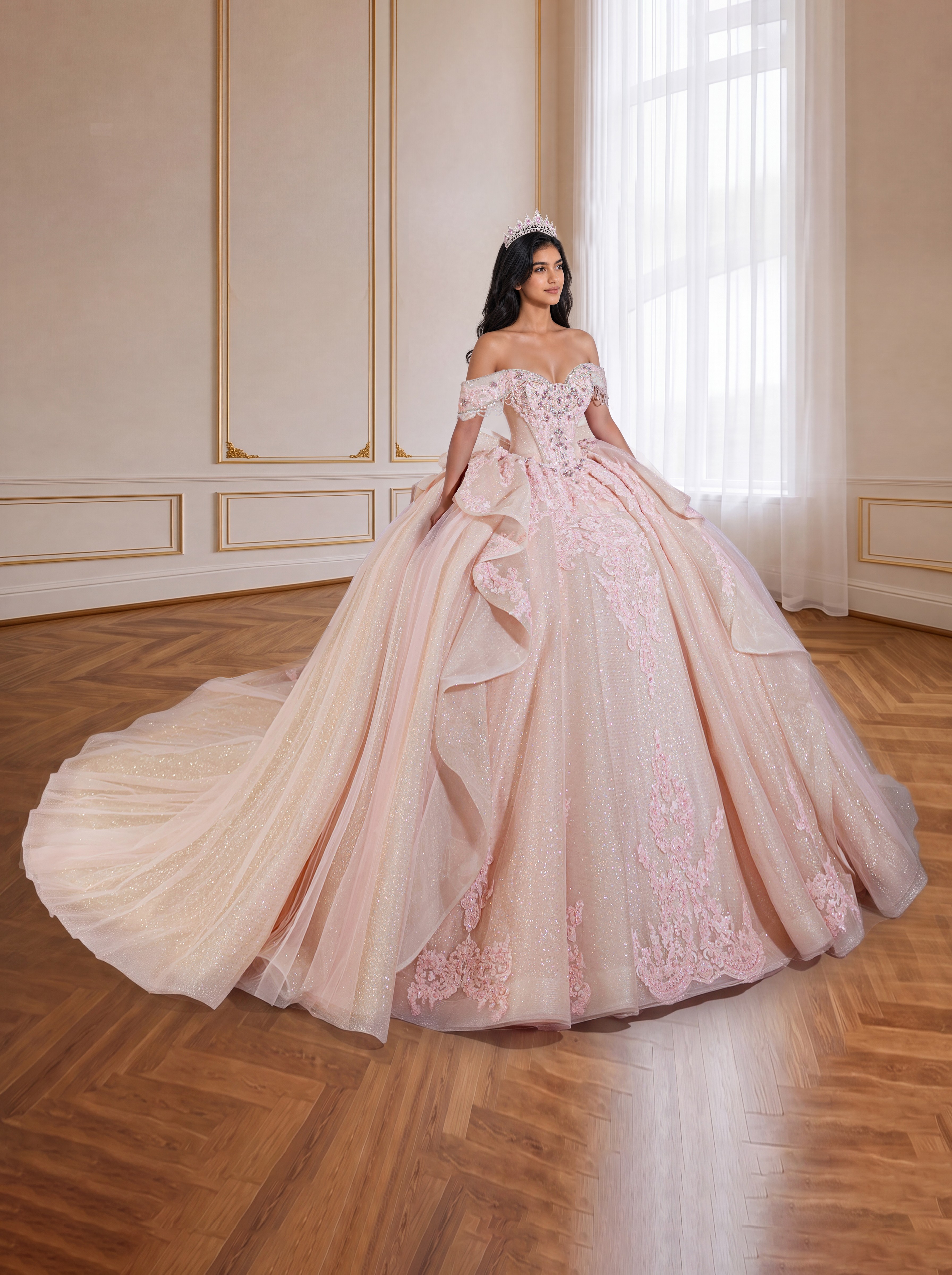 Blush Pink Lace Quinceanera Gown Off Shoulder Big Bow Long Train Princess Dress