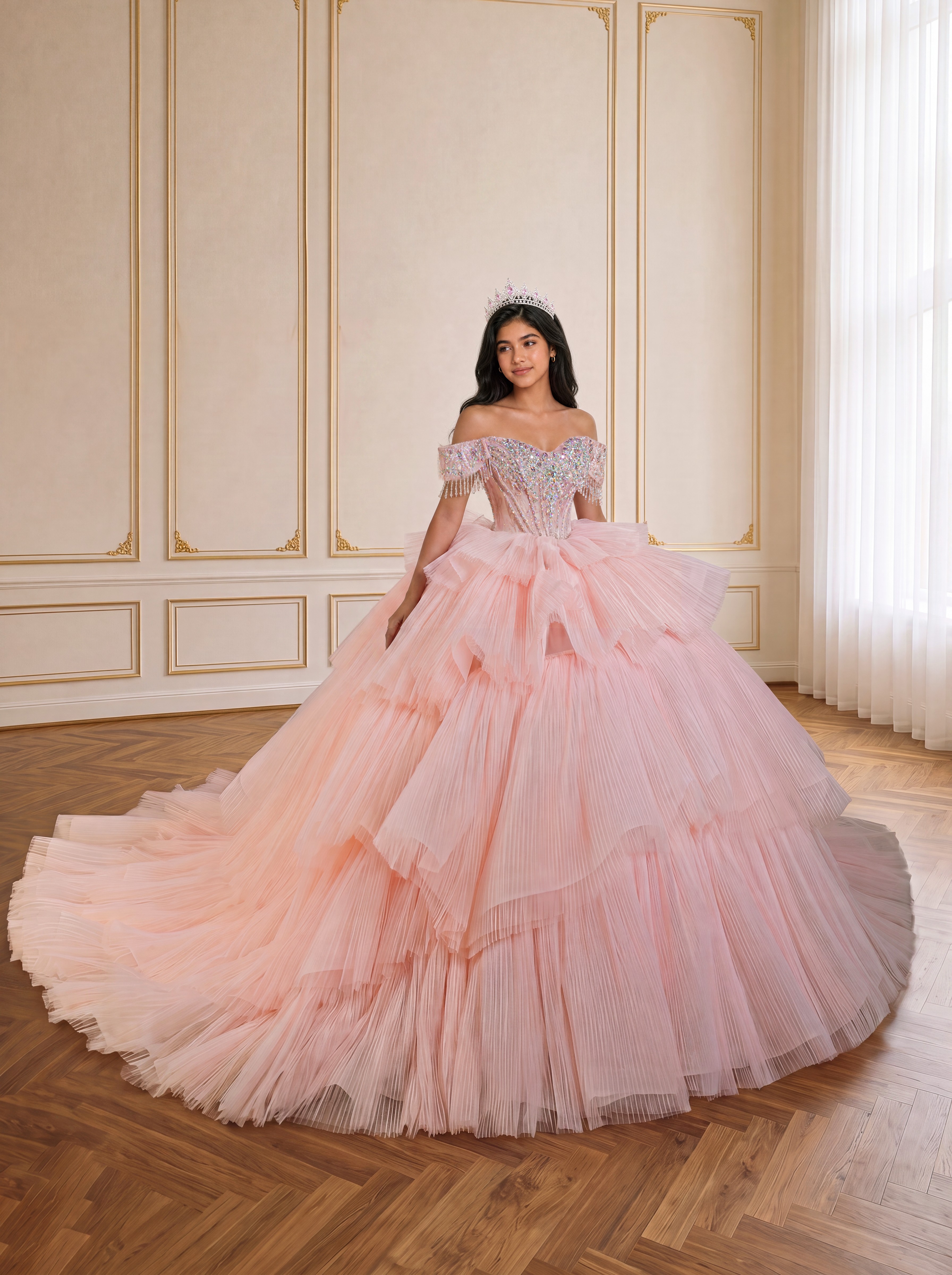Blush Pink Off Shoulder Ruffled Tulle Ball Gown Sparkly Rhinestone Corset Long Train Quinceanera Dress Sweet 15 16 Princess Formal Prom Dress