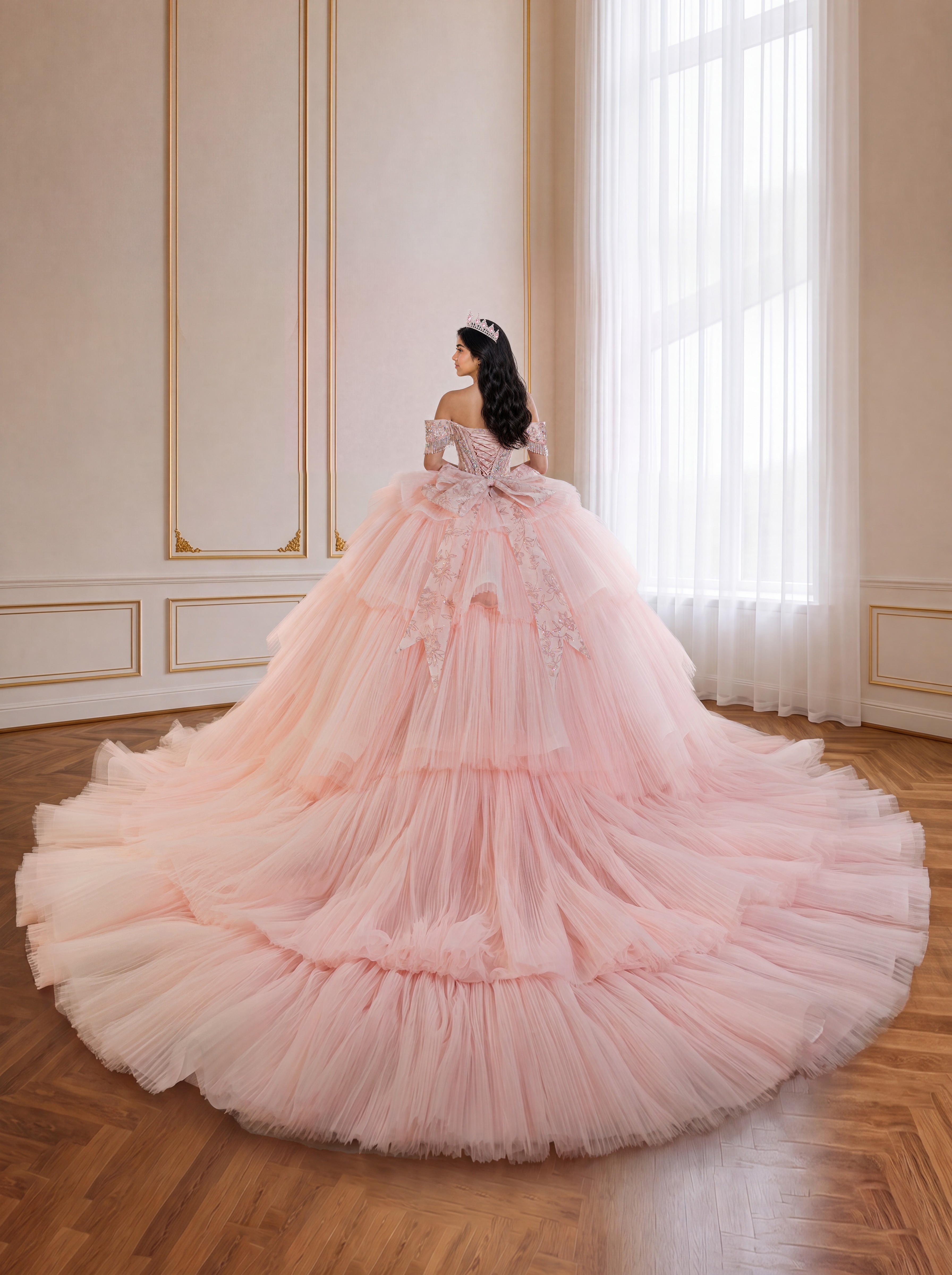 Blush Pink Off Shoulder Ruffled Tulle Ball Gown Sparkly Rhinestone Corset Long Train Quinceanera Dress Sweet 15 16 Princess Formal Prom Dress