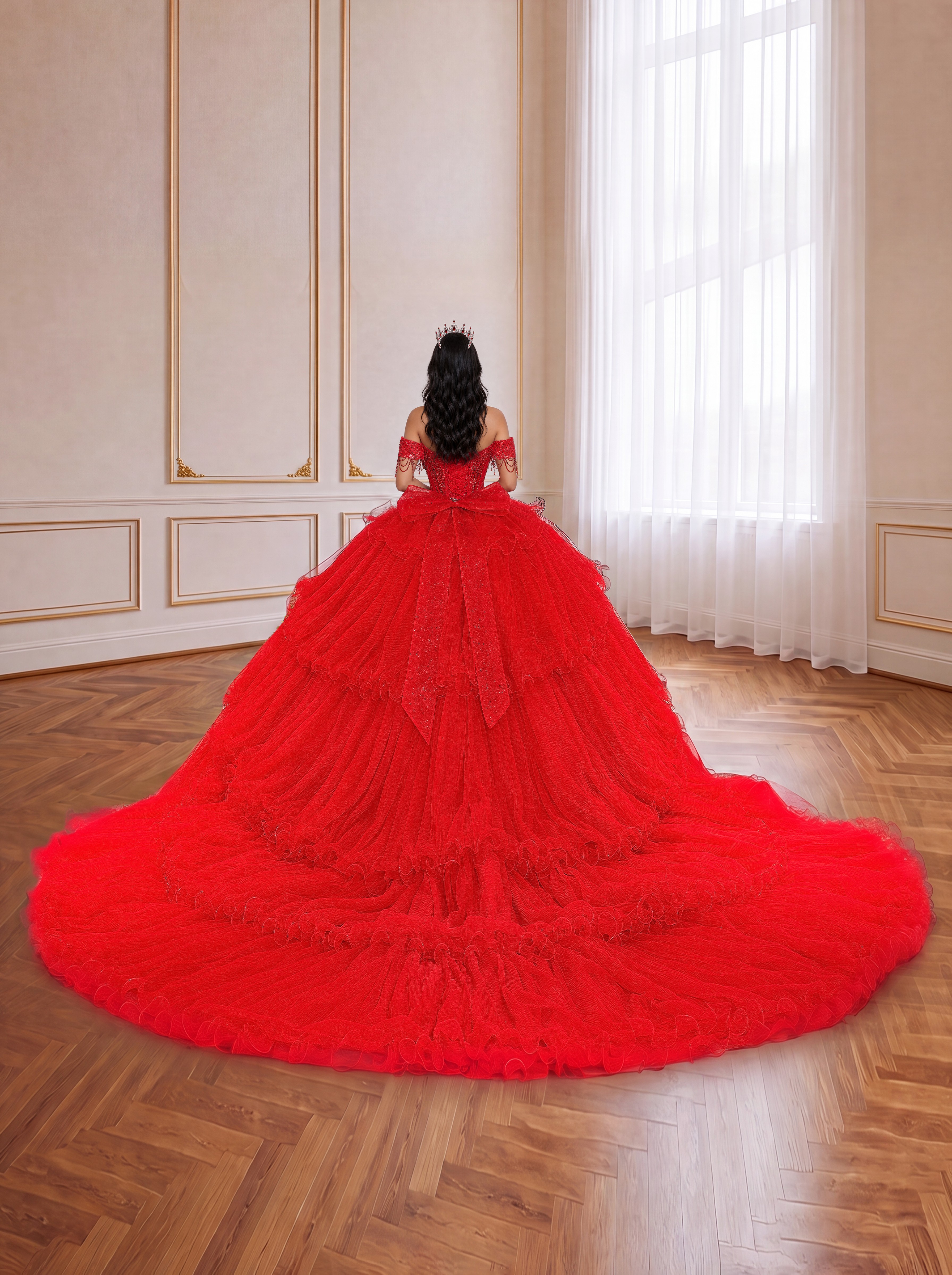 Red Tiered Ruffle Off Shoulder Quinceanera Gown With Long Train