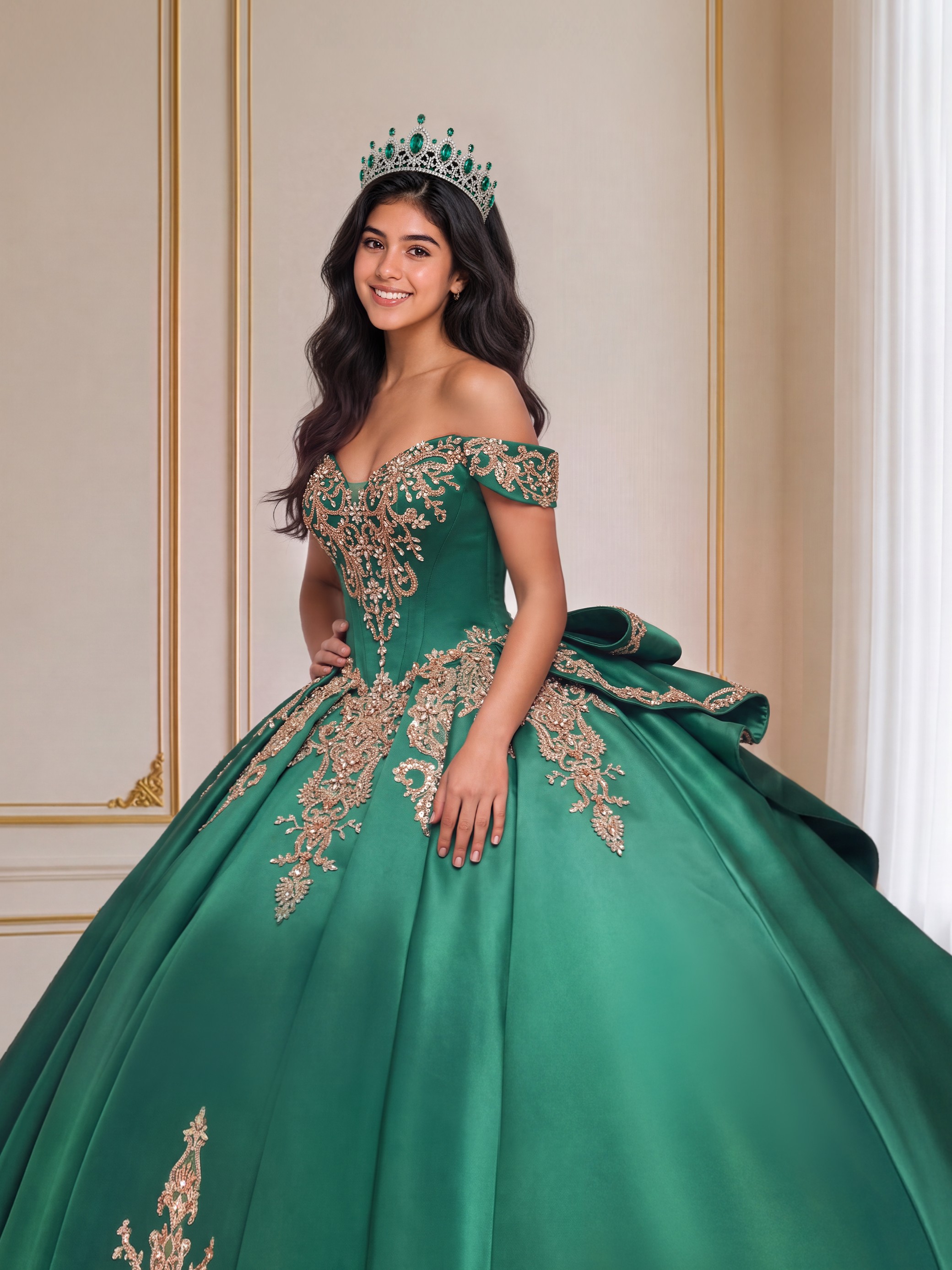 Green trailing puff dress