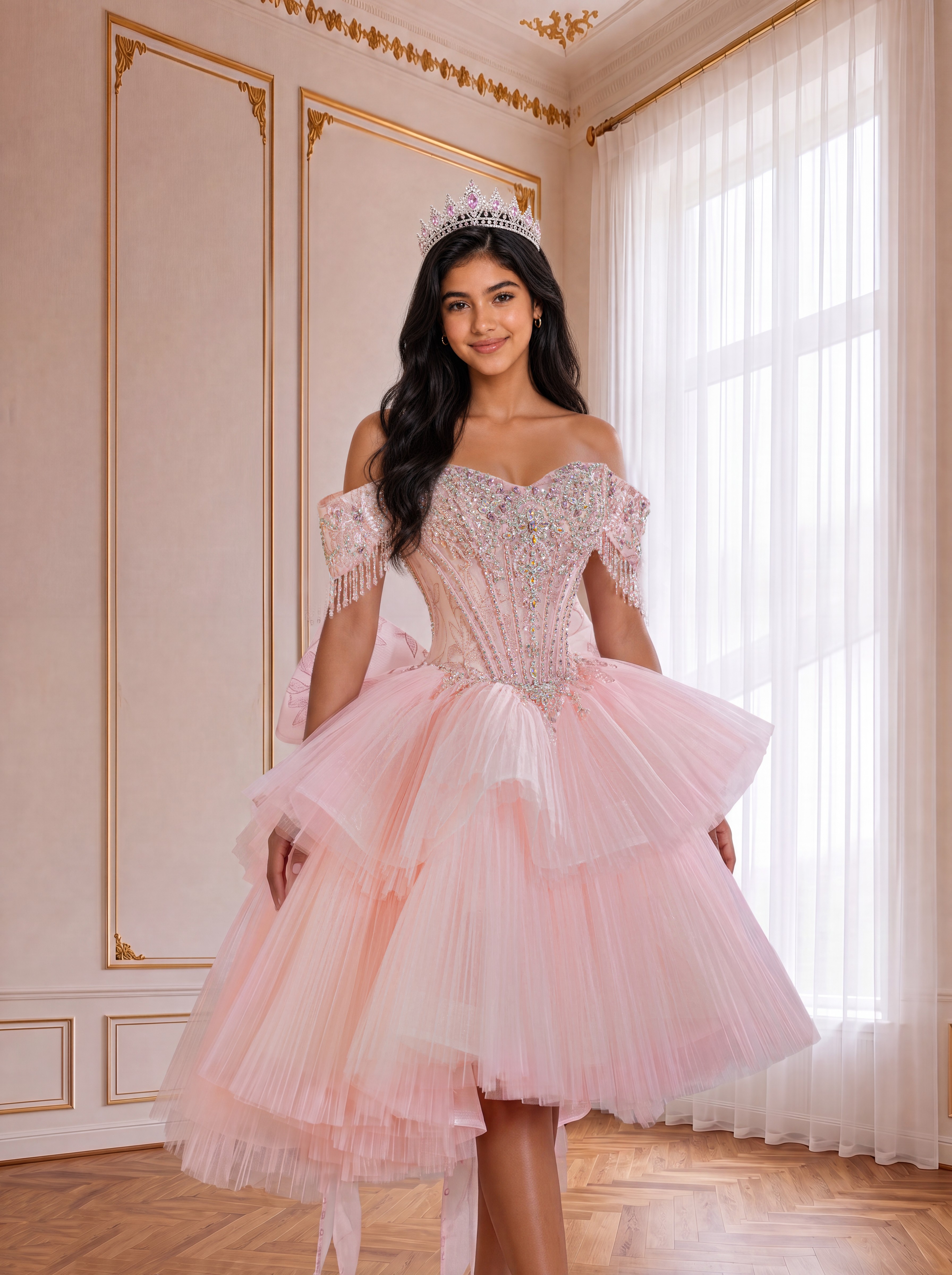 Pink girls' irregular skirt-length dress