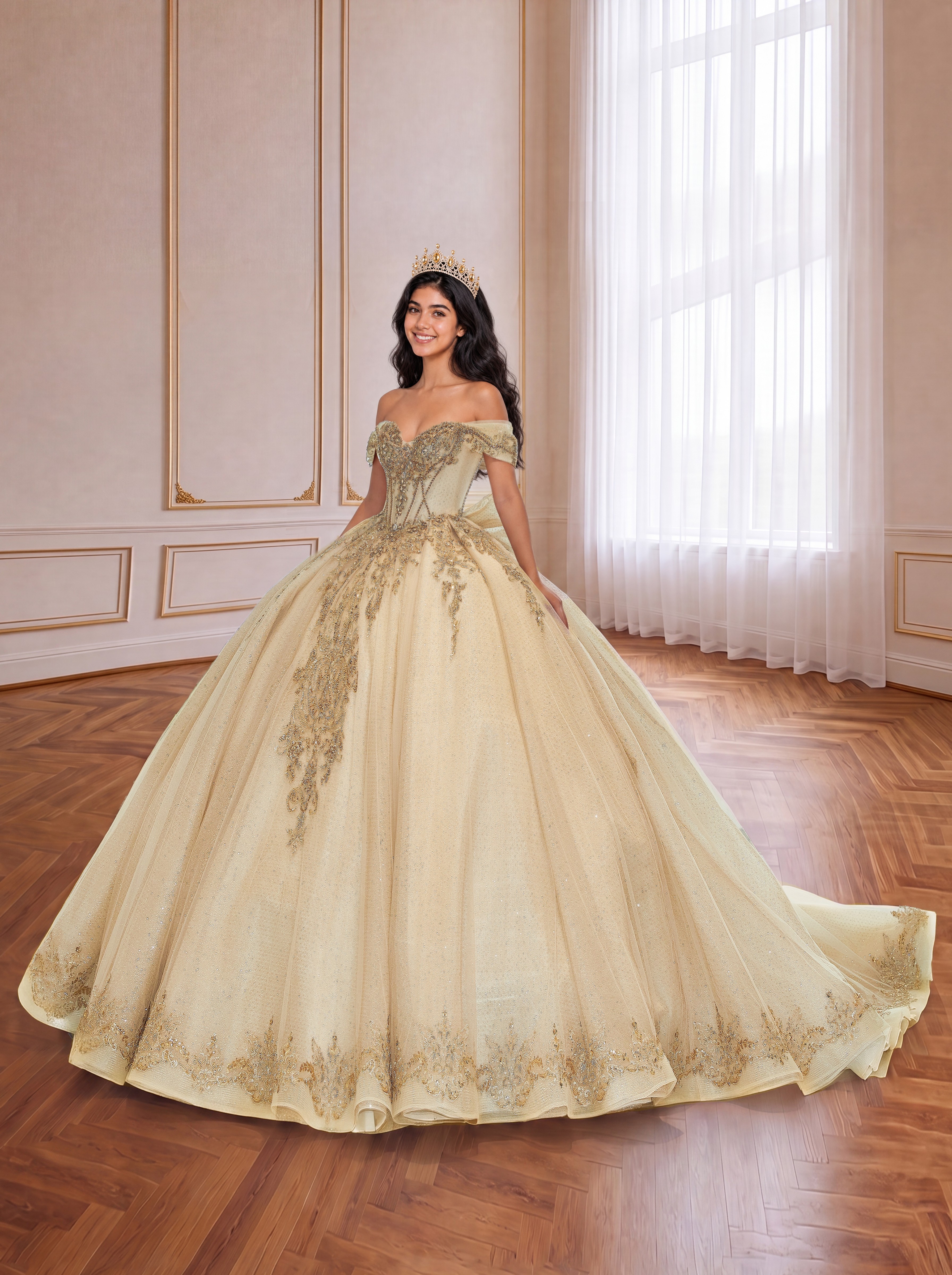 Champagne Off Shoulder Gold Lace Beaded Quinceanera Dress Oversized Back Bow Long Train Princess Ball Gown