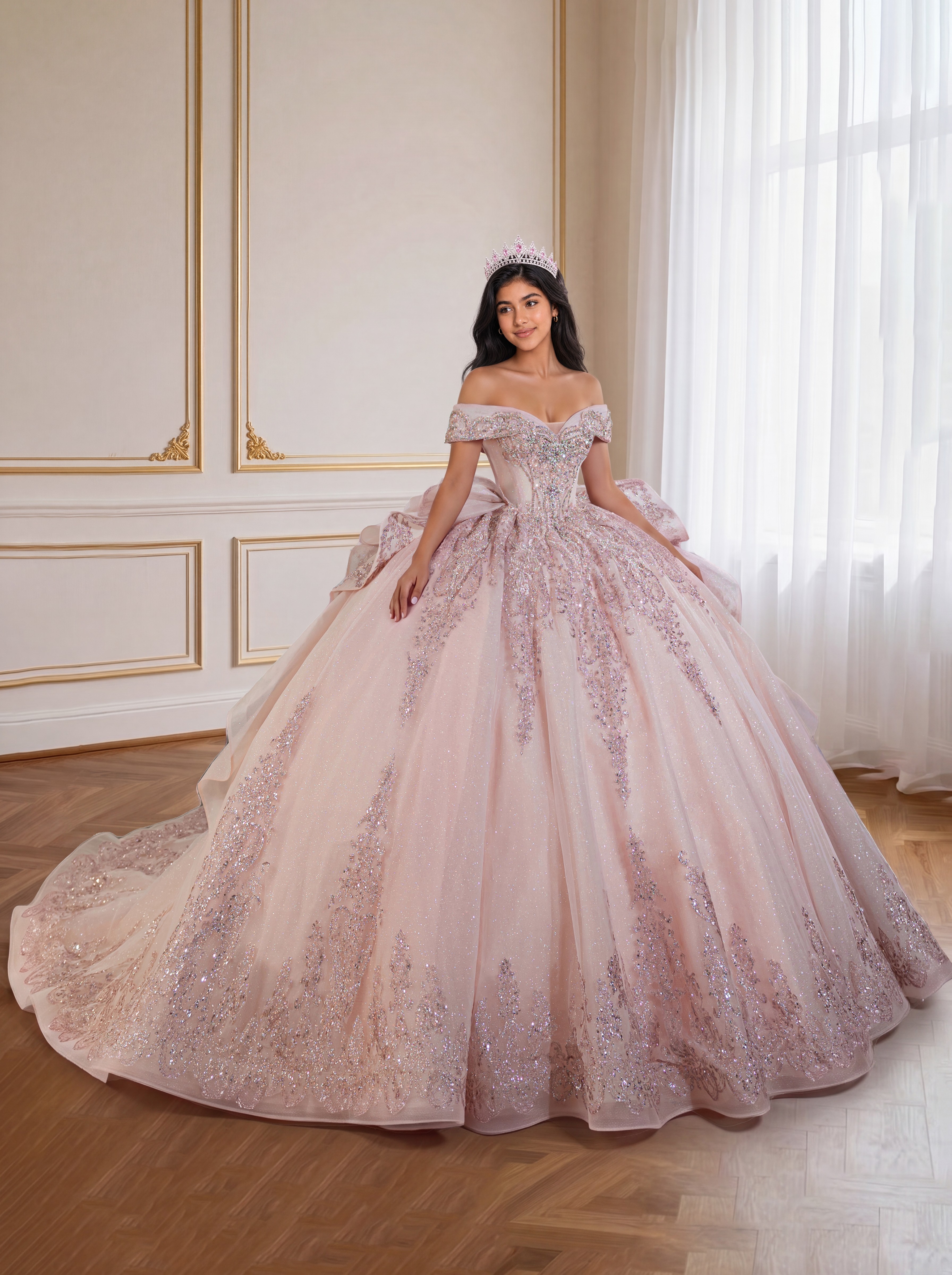 Blush Pink Glitter Quinceanera Dress Off Shoulder Ruffled Bow Long Train Gown