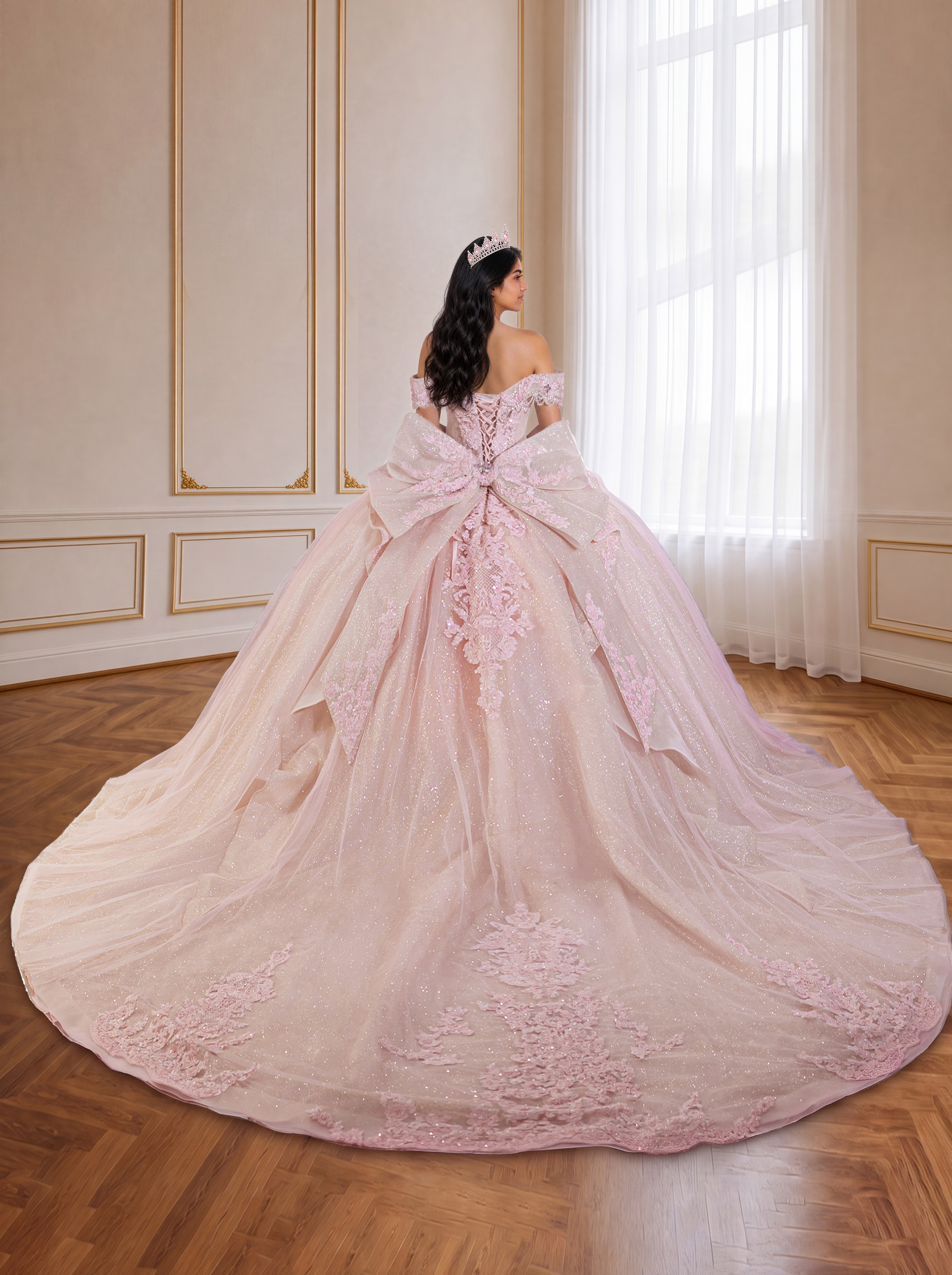 Blush Pink Lace Quinceanera Gown Off Shoulder Big Bow Long Train Princess Dress