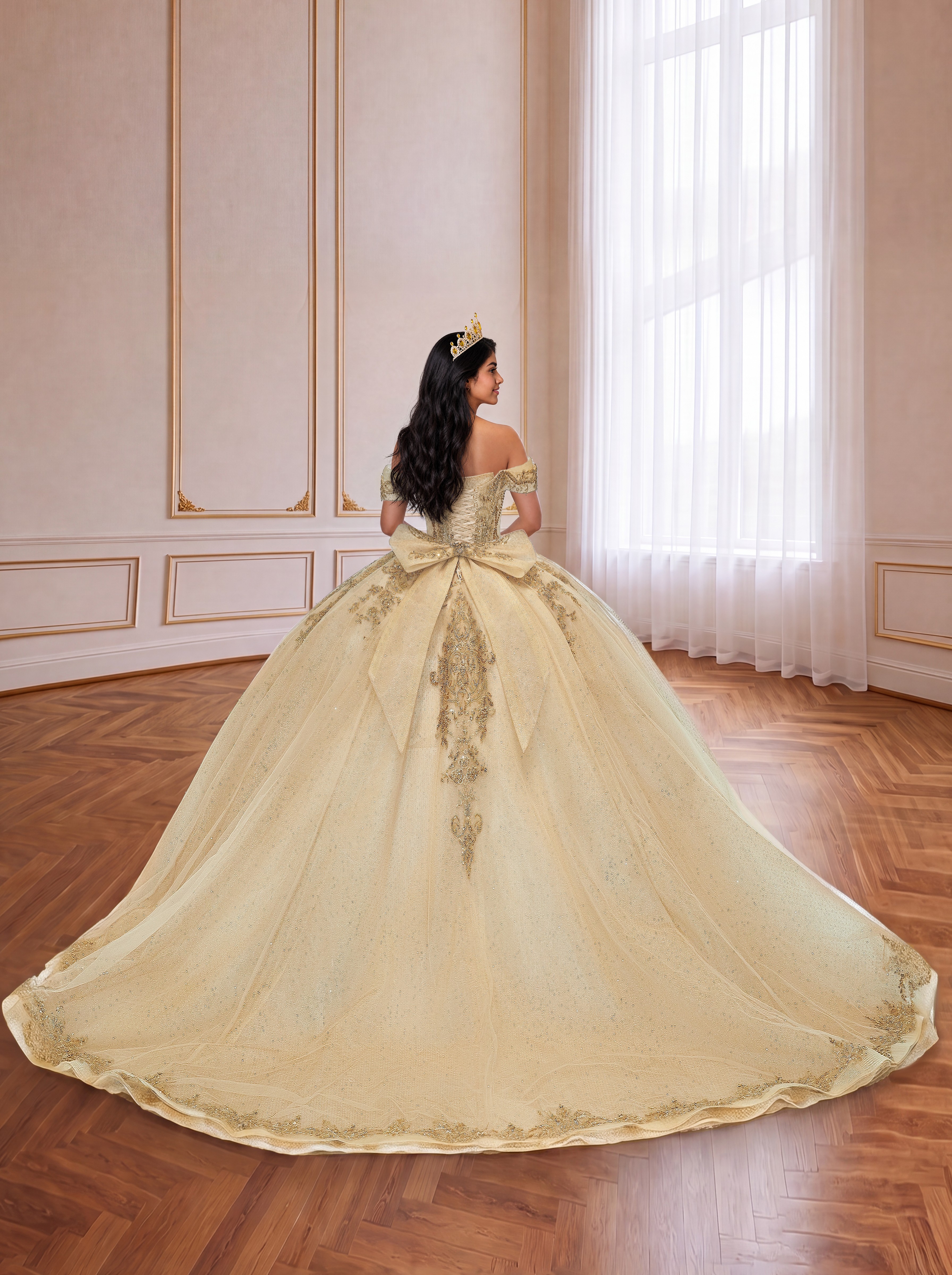 Champagne Off Shoulder Gold Lace Beaded Quinceanera Dress Oversized Back Bow Long Train Princess Ball Gown