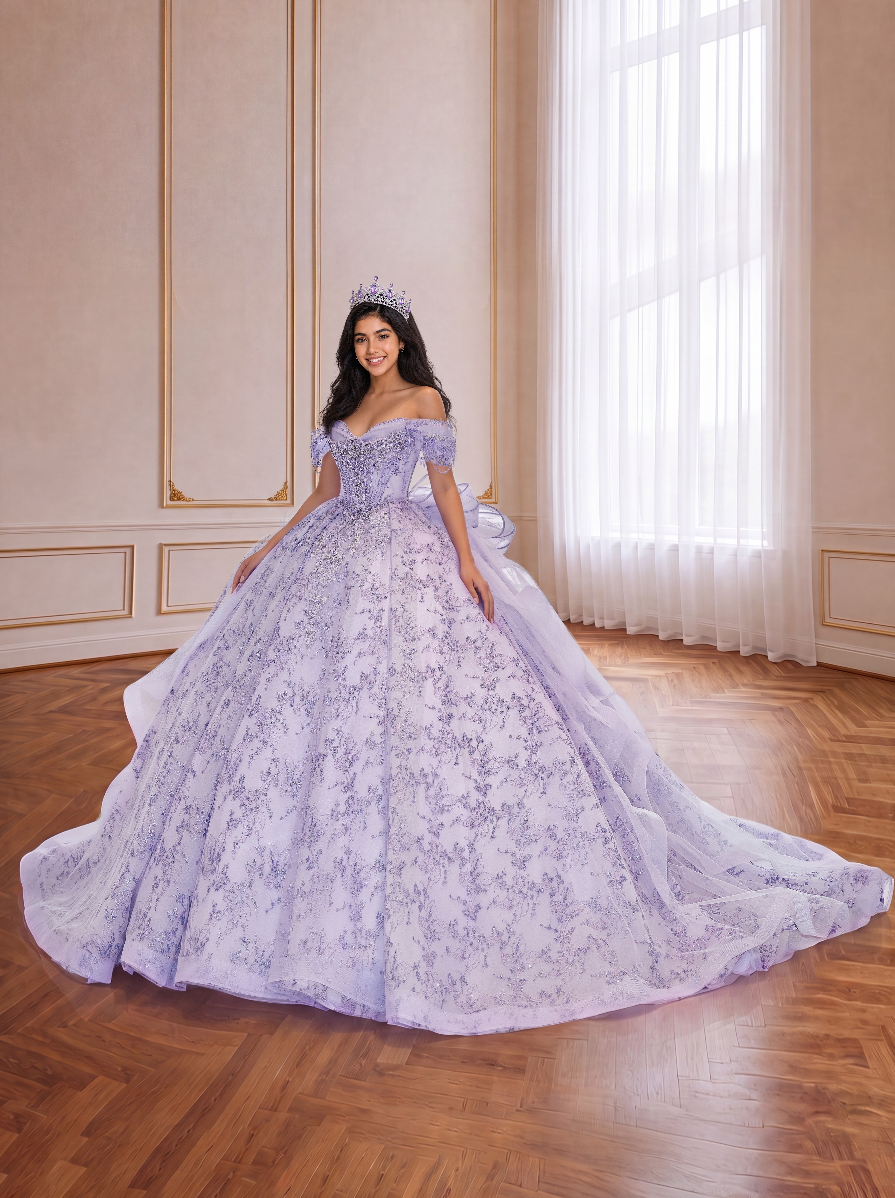 Lavender Off Shoulder Floral Lace Quinceanera Dress Large Organza Back Bow Sparkly Long Train Princess Ball Gown