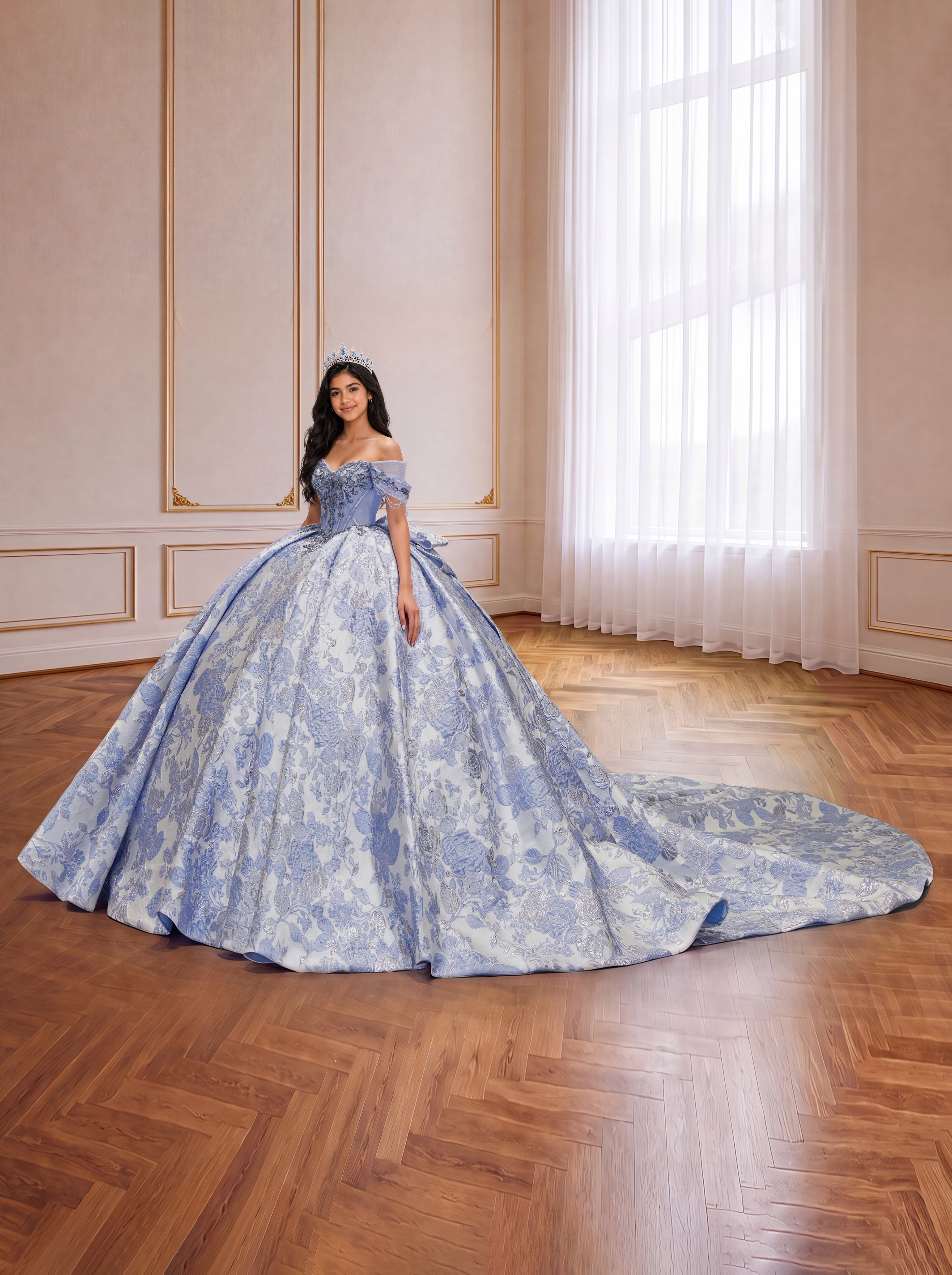 Light Blue Jacquard Off Shoulder Quinceanera Dress Beaded Corset Ball Gown With Large Back Bow & Long Train