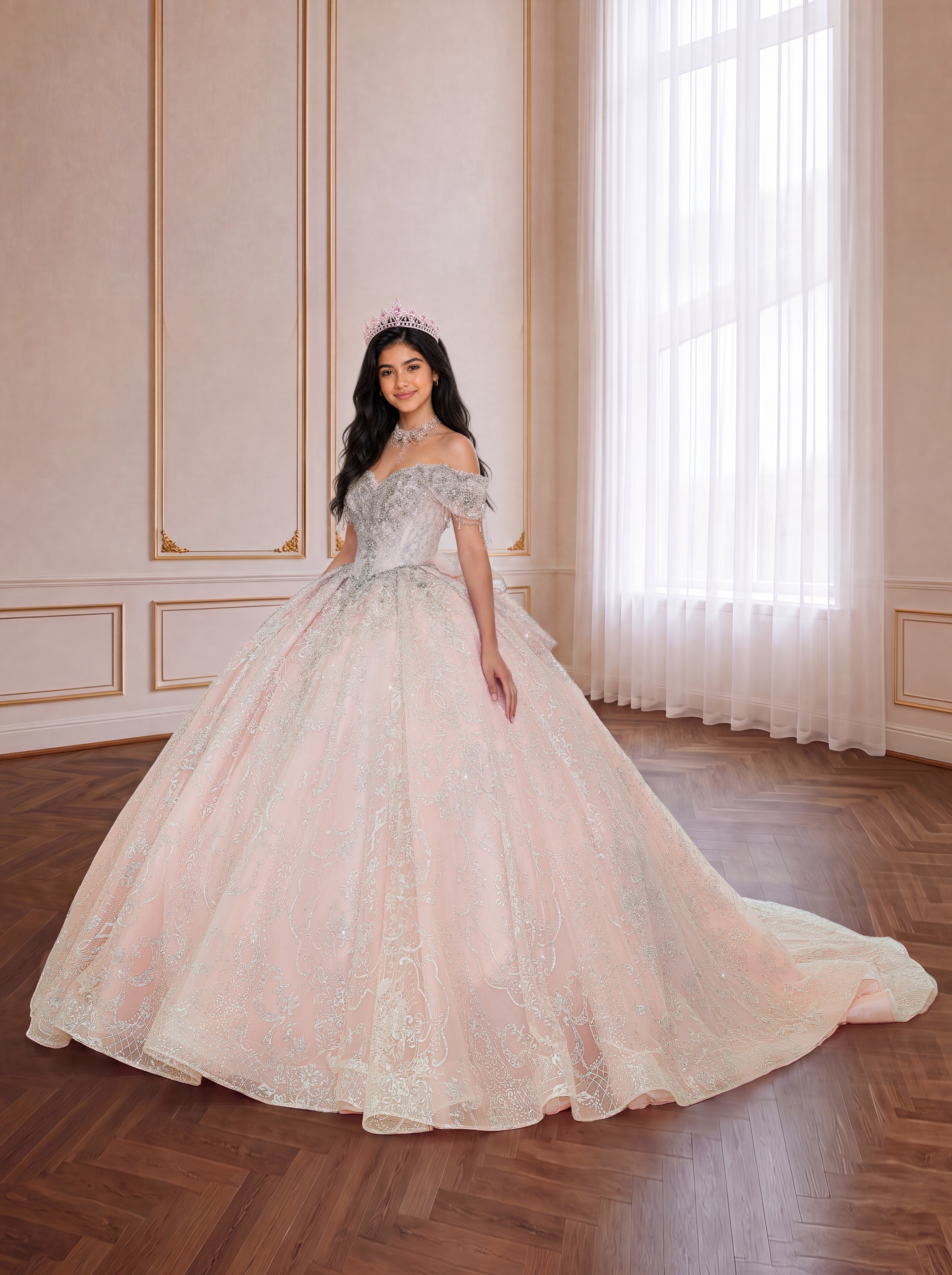 Blush Pink Off Shoulder Silver Lace Quinceanera Dress Beaded Tassel Sleeves Big Bow Long Train Ball Gown
