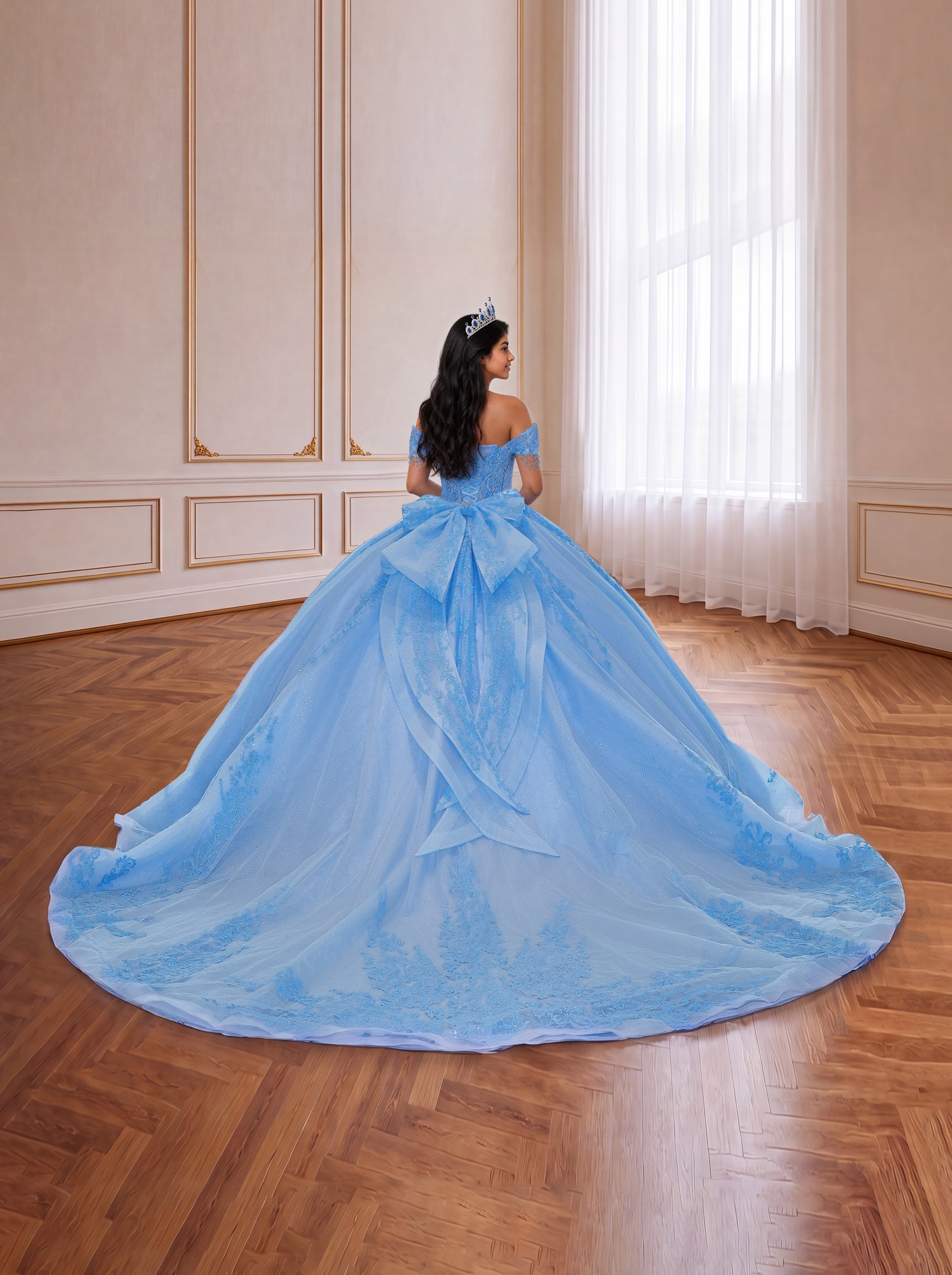 Sky Blue Off Shoulder Lace Quinceanera Dress Rhinestone Corset Ball Gown With Large Back Bow & Long Train