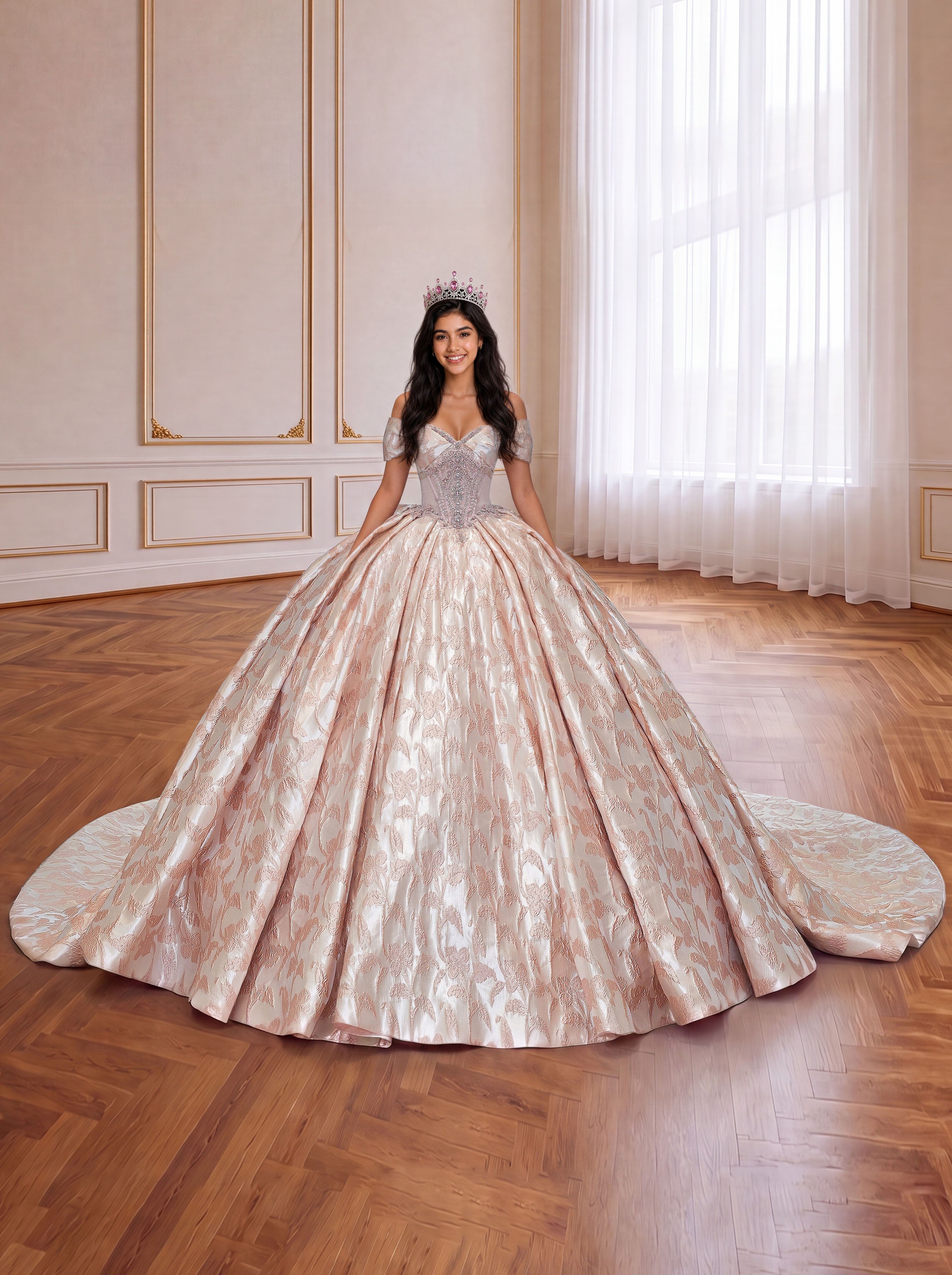 Champagne Blush Off Shoulder Jacquard Quinceanera Dress Beaded Corset Ball Gown With Large Back Bow & Cathedral Train