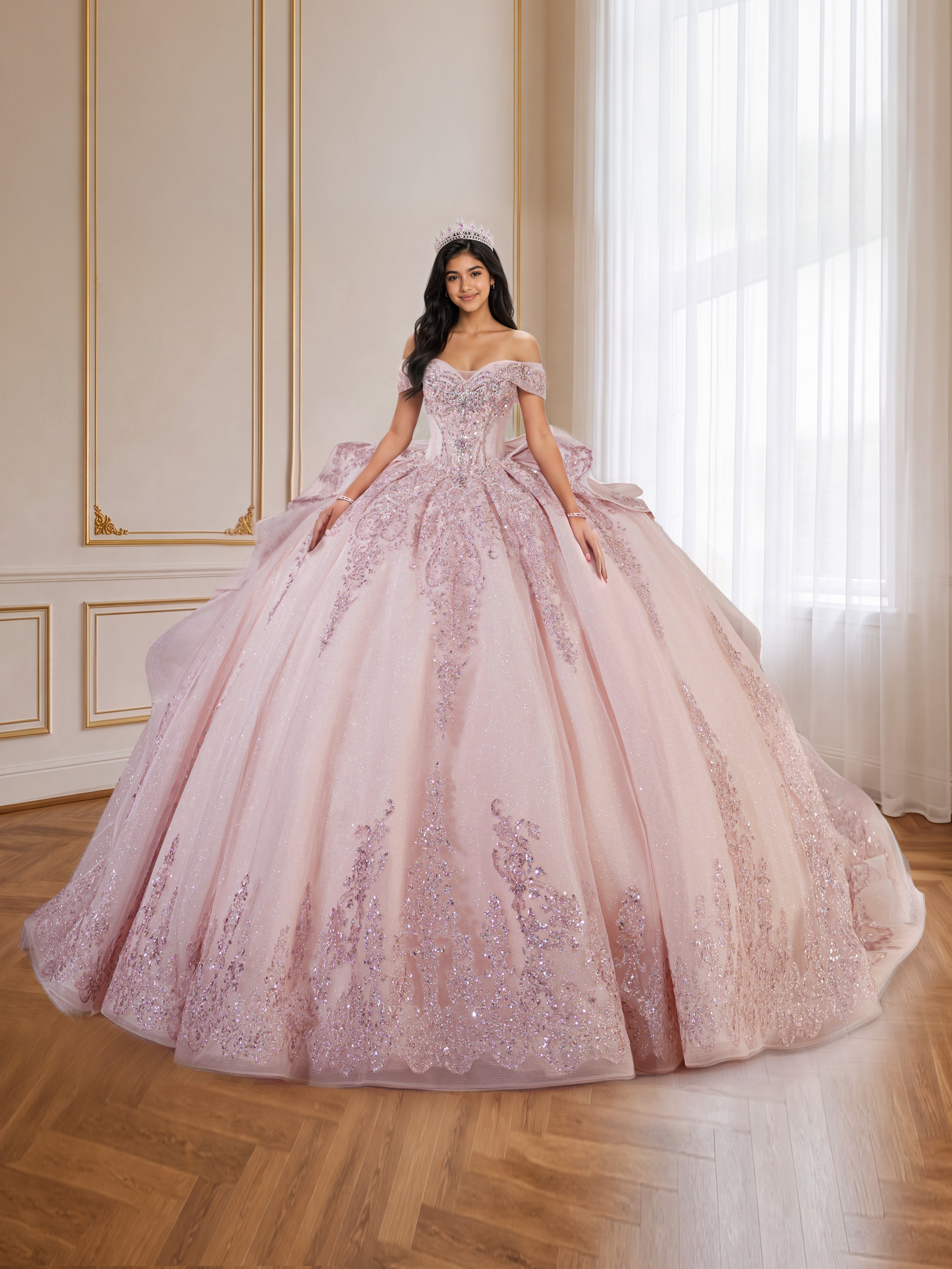 Blush Pink Glitter Quinceanera Dress Off Shoulder Ruffled Bow Long Train Gown