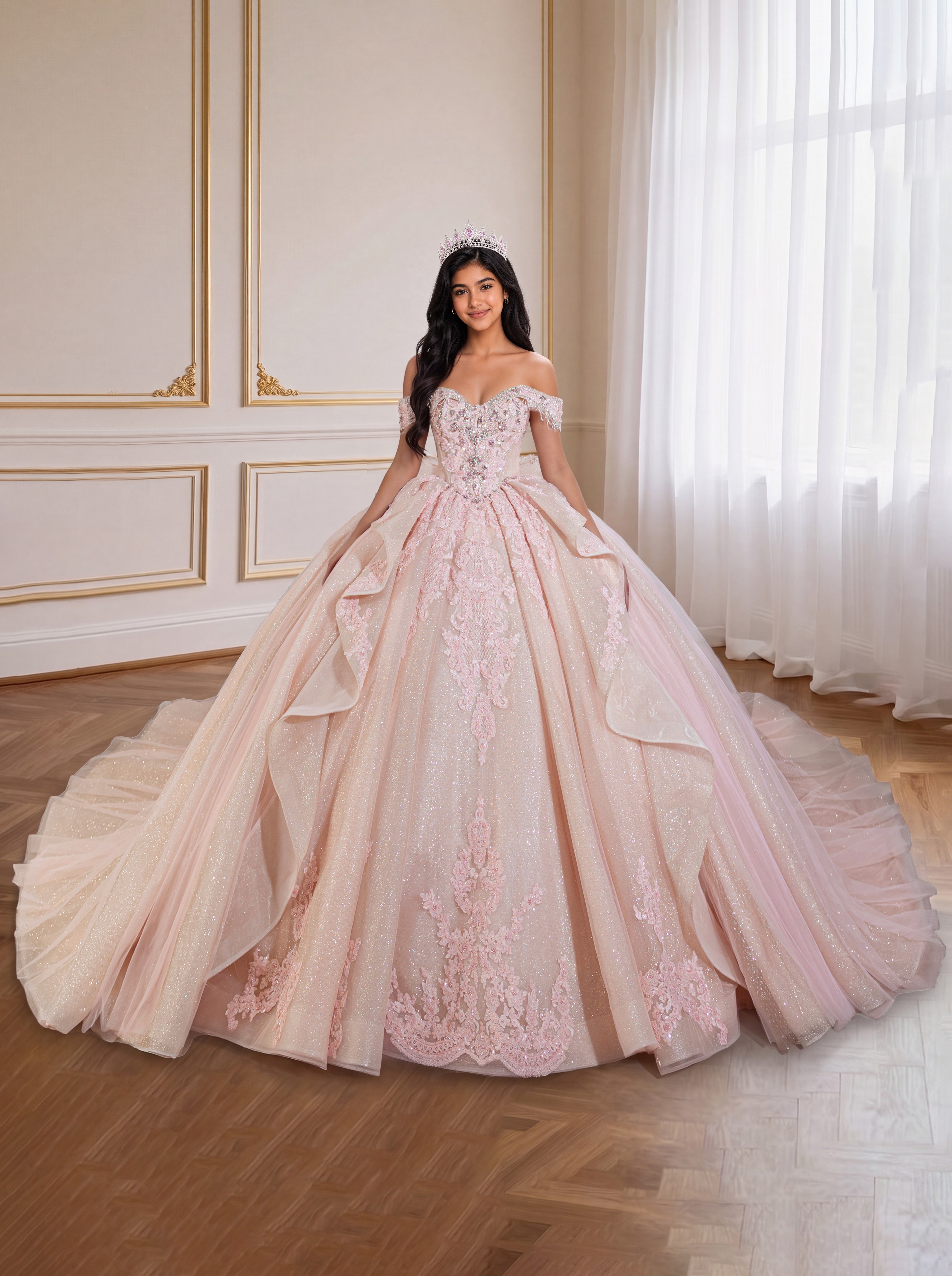 Blush Pink Lace Quinceanera Gown Off Shoulder Big Bow Long Train Princess Dress